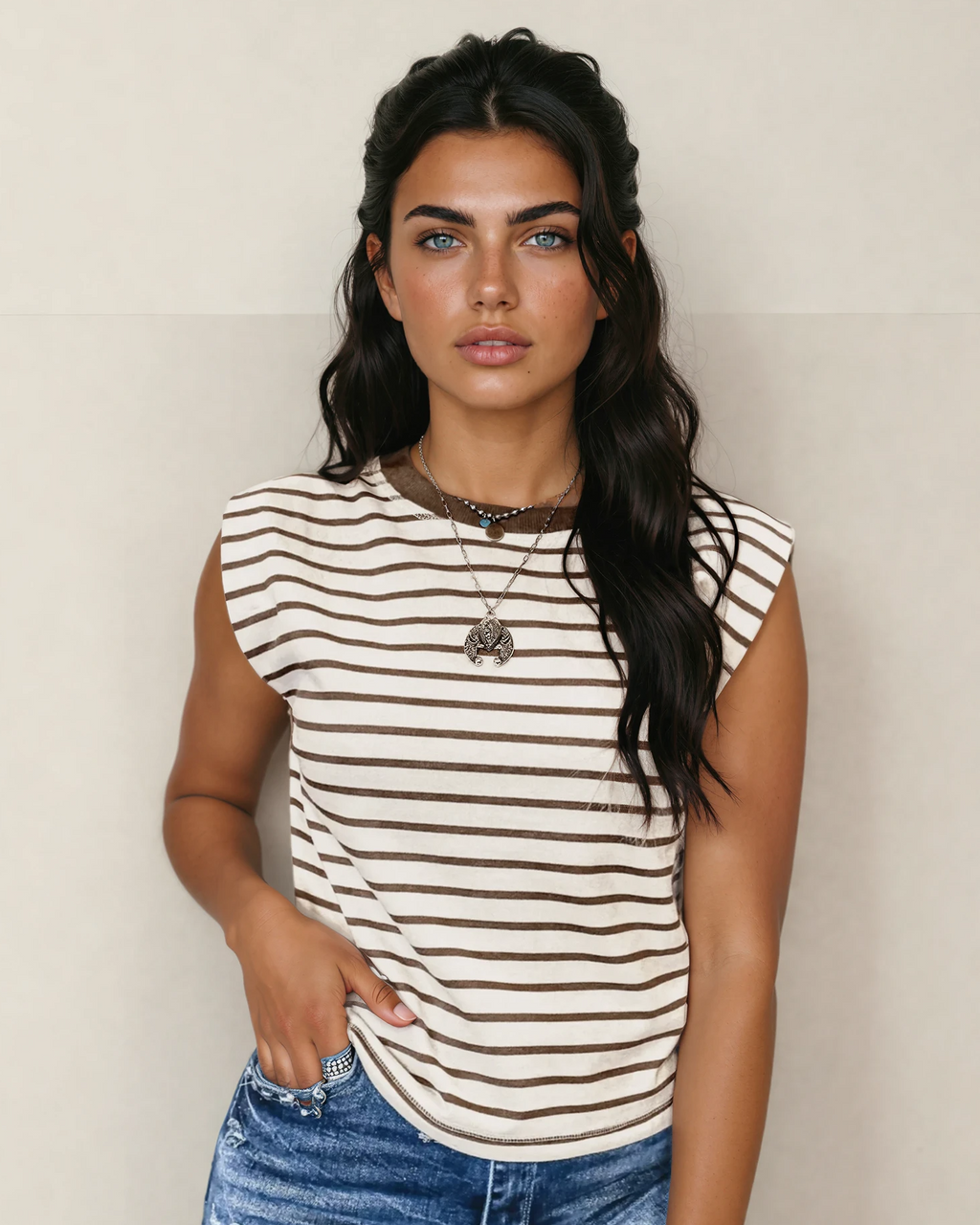 Serena Stripe Ribbed Round Neck Trim Loose Tank Top | Brown