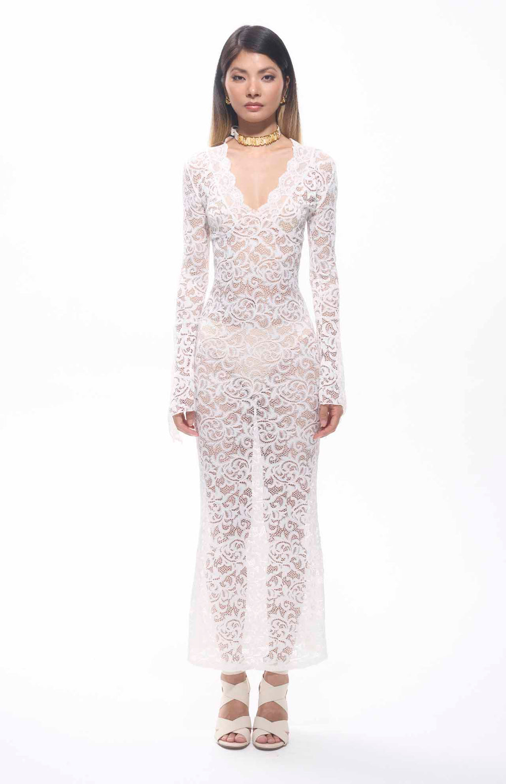 Sekna V-Cut Floral Lace Maxi Dress White