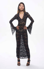 Sekna V-Cut Floral Lace Maxi Dress Black