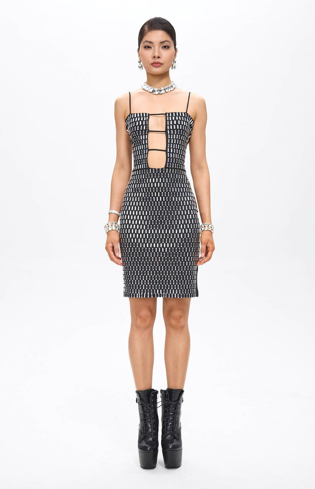 Sera Embellished Cut-Out Crystal Mini Dress Black