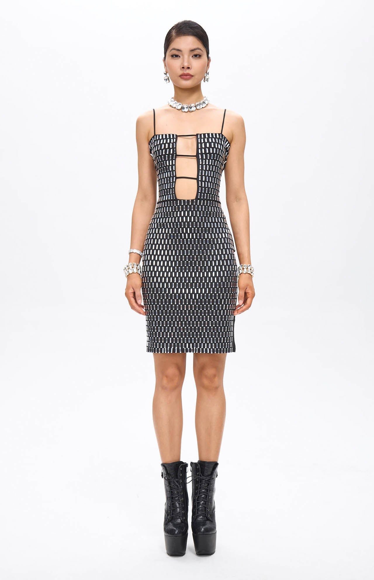Sera Embellished Cut-Out Crystal Mini Dress Black