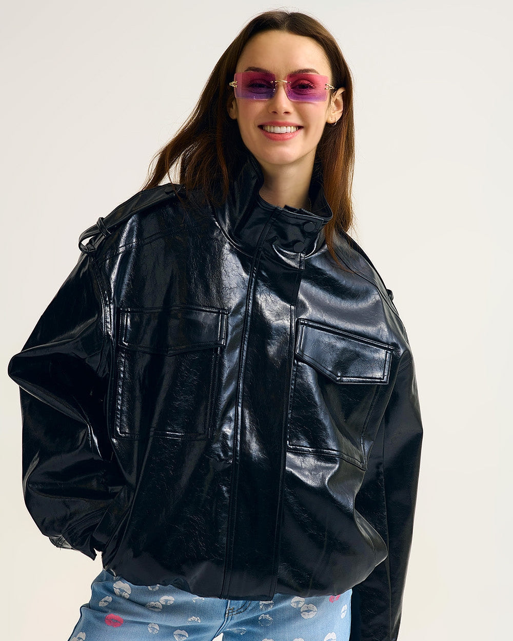Shiny Faux Leather Oversized Jacket in Black