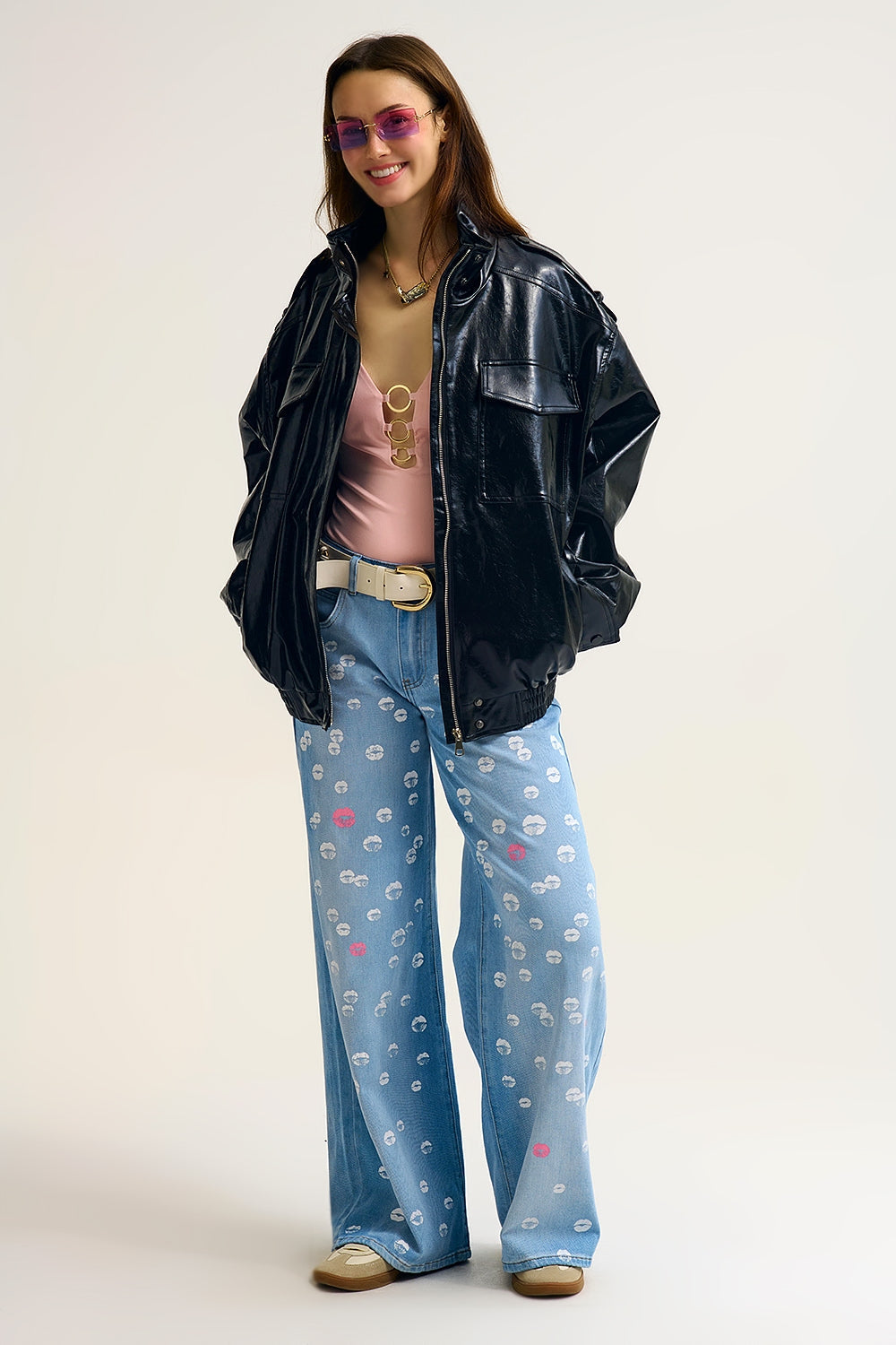 Shiny Faux Leather Oversized Jacket in Black