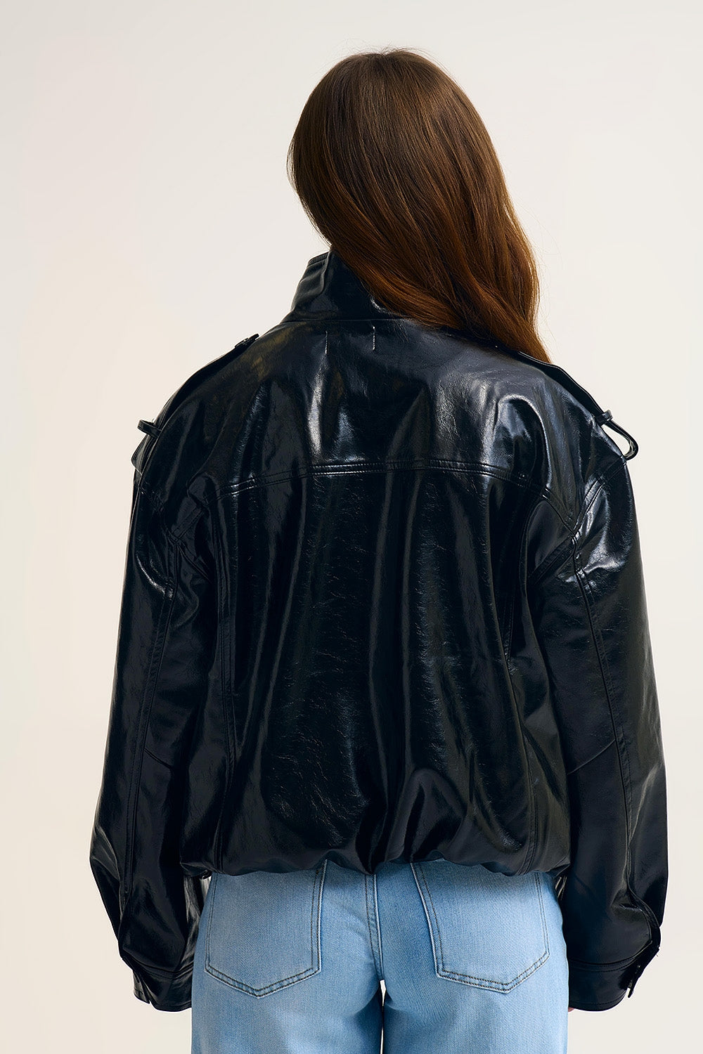 Shiny Faux Leather Oversized Jacket in Black
