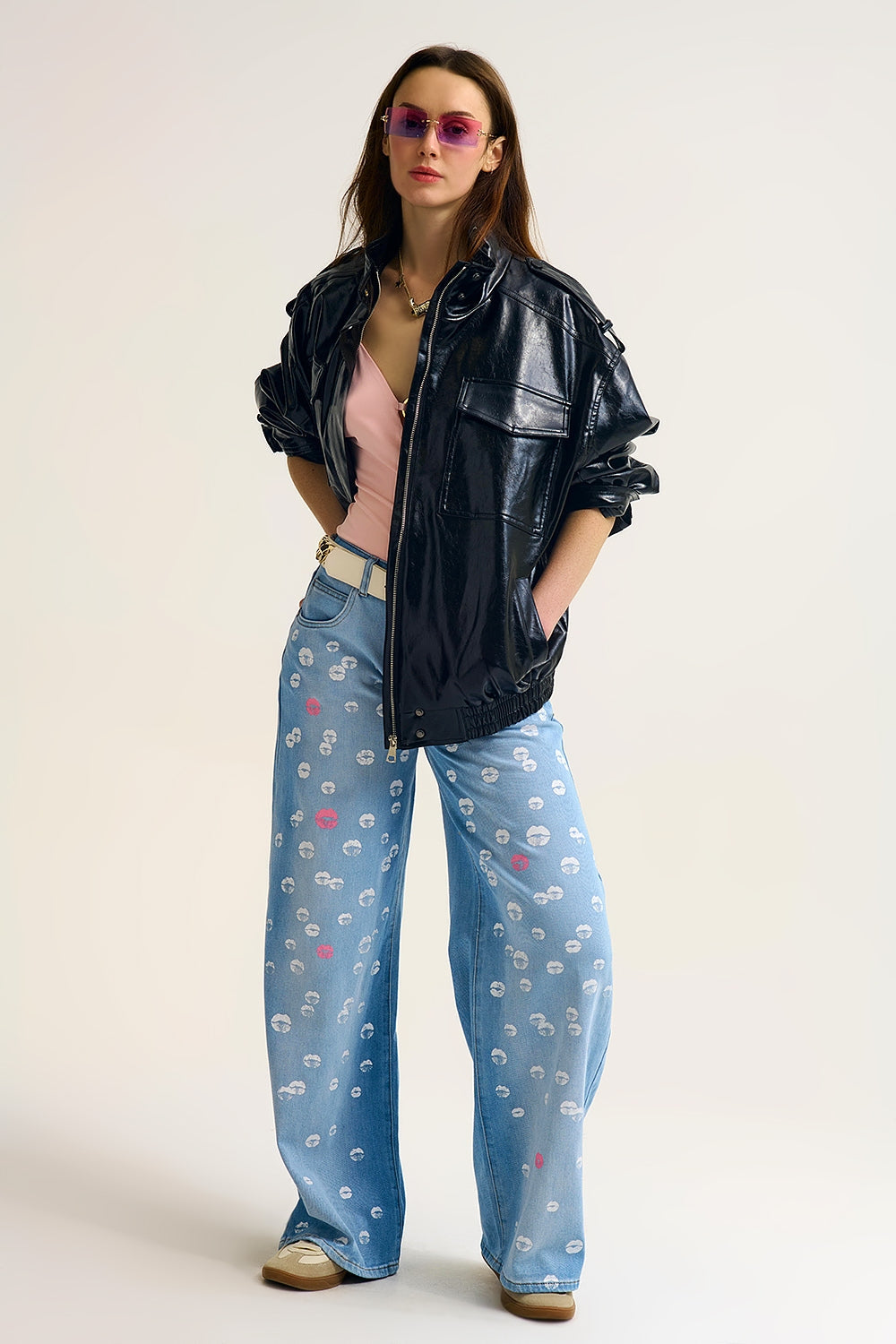 Shiny Faux Leather Oversized Jacket in Black