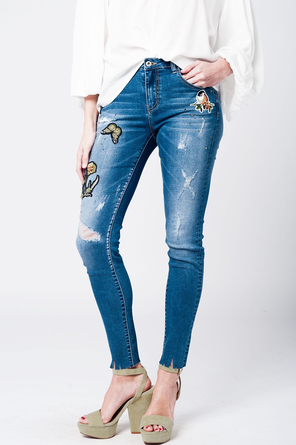 Skinny Rip Jeans with Embroidered Patches