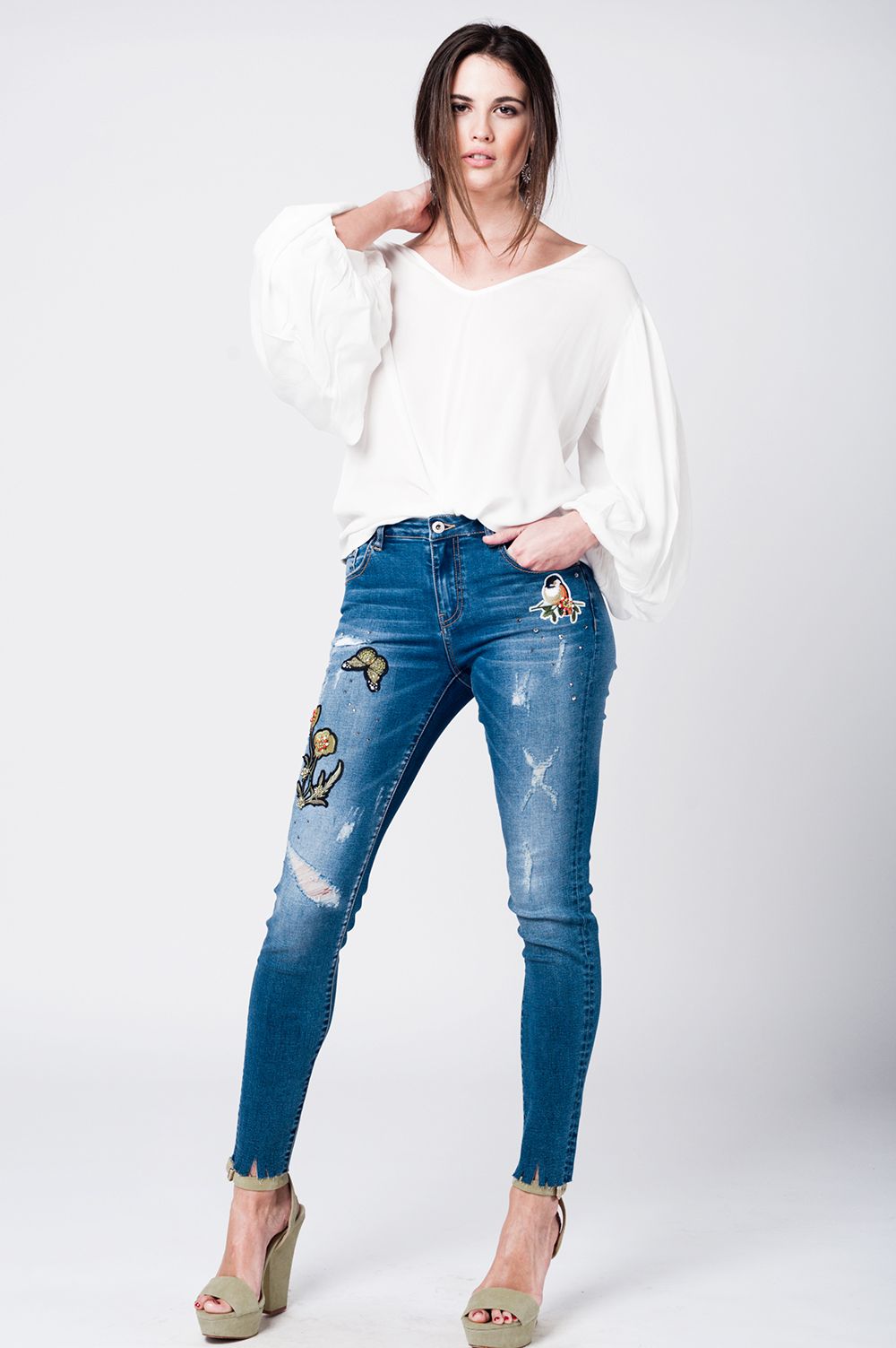 Skinny Rip Jeans with Embroidered Patches
