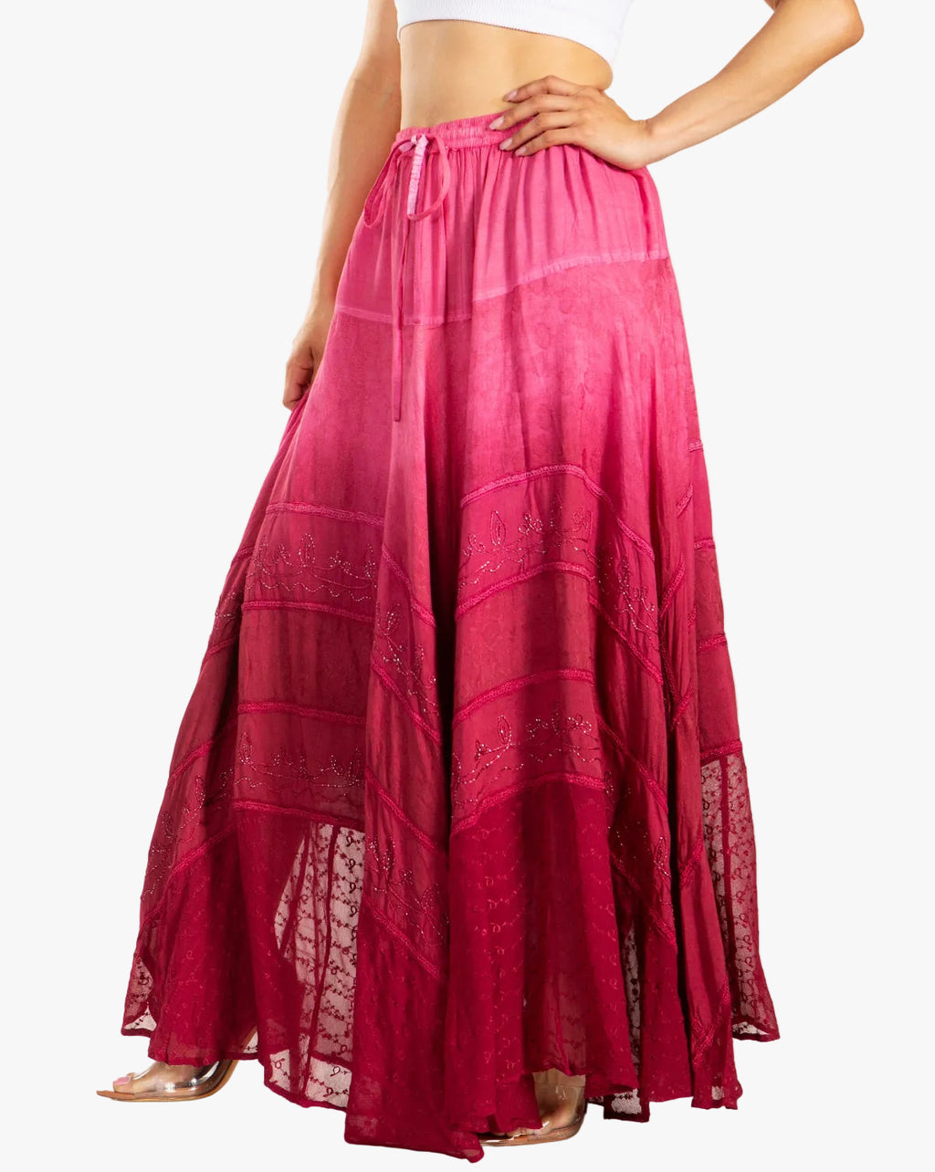 Lyra Bohemian Soft Brocade Rayon Tiered Embroidered Flowy Long Skirt