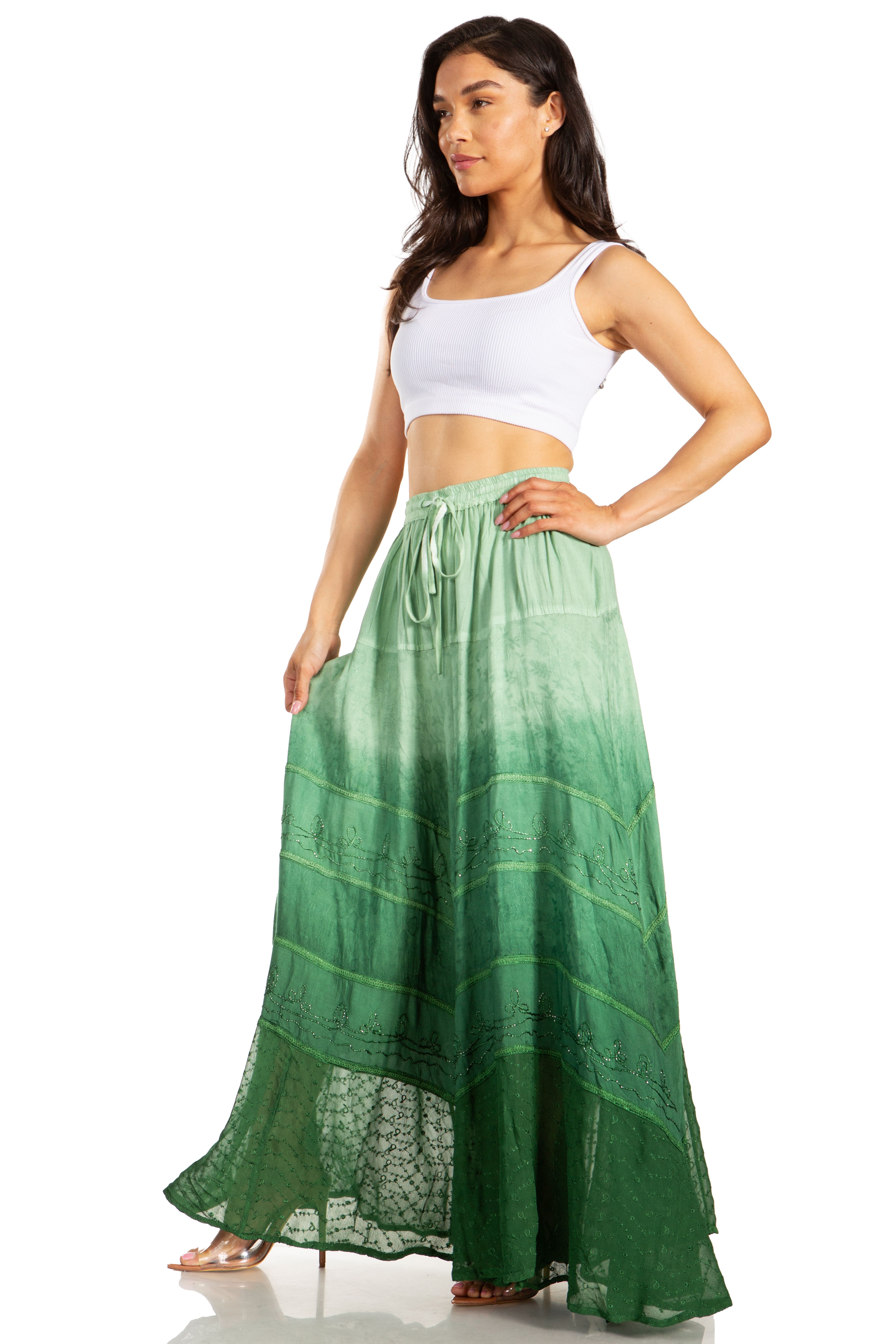 Lyra Bohemian Soft Brocade Rayon Tiered Embroidered Flowy Long Skirt