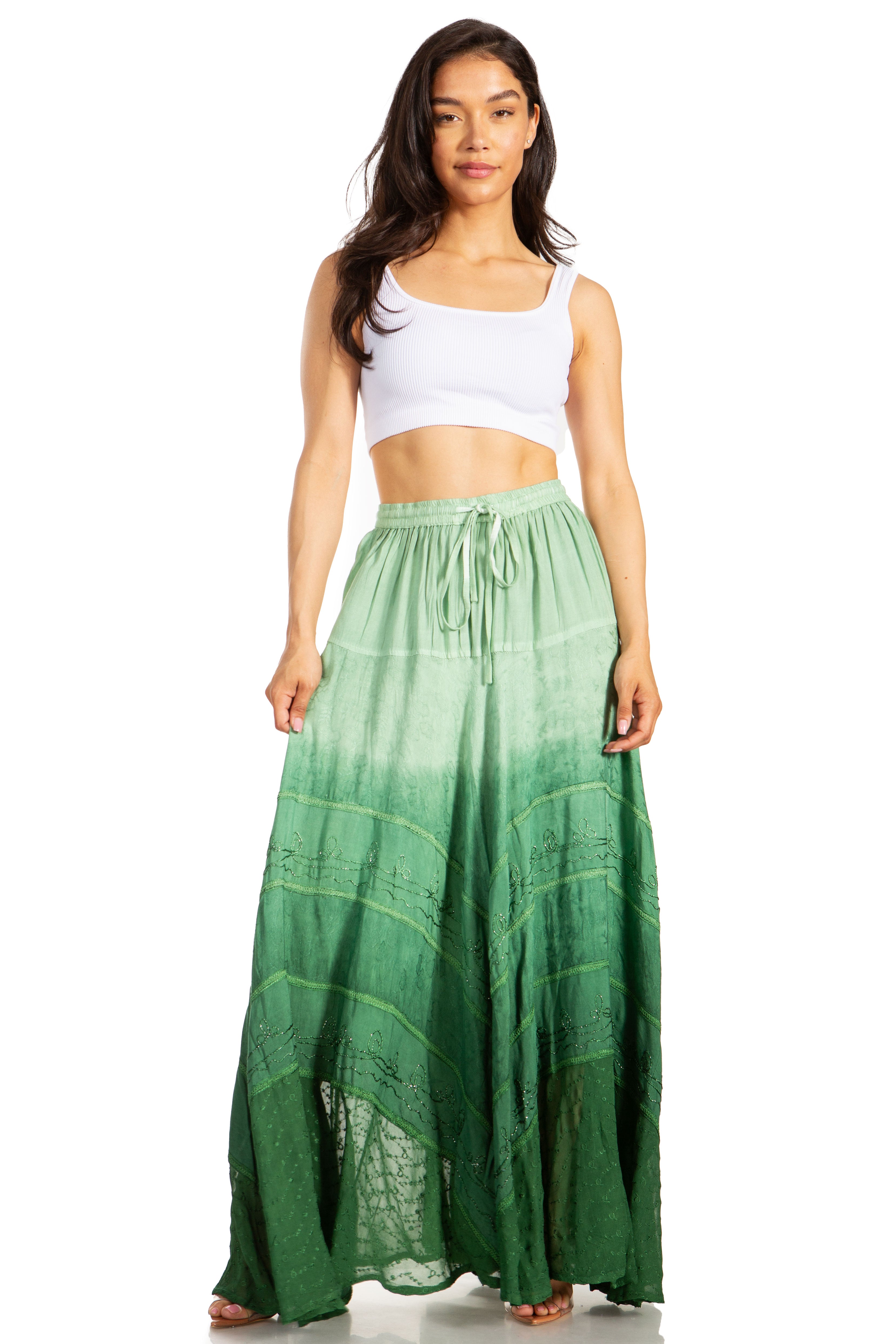 Lyra Bohemian Soft Brocade Rayon Tiered Embroidered Flowy Long Skirt