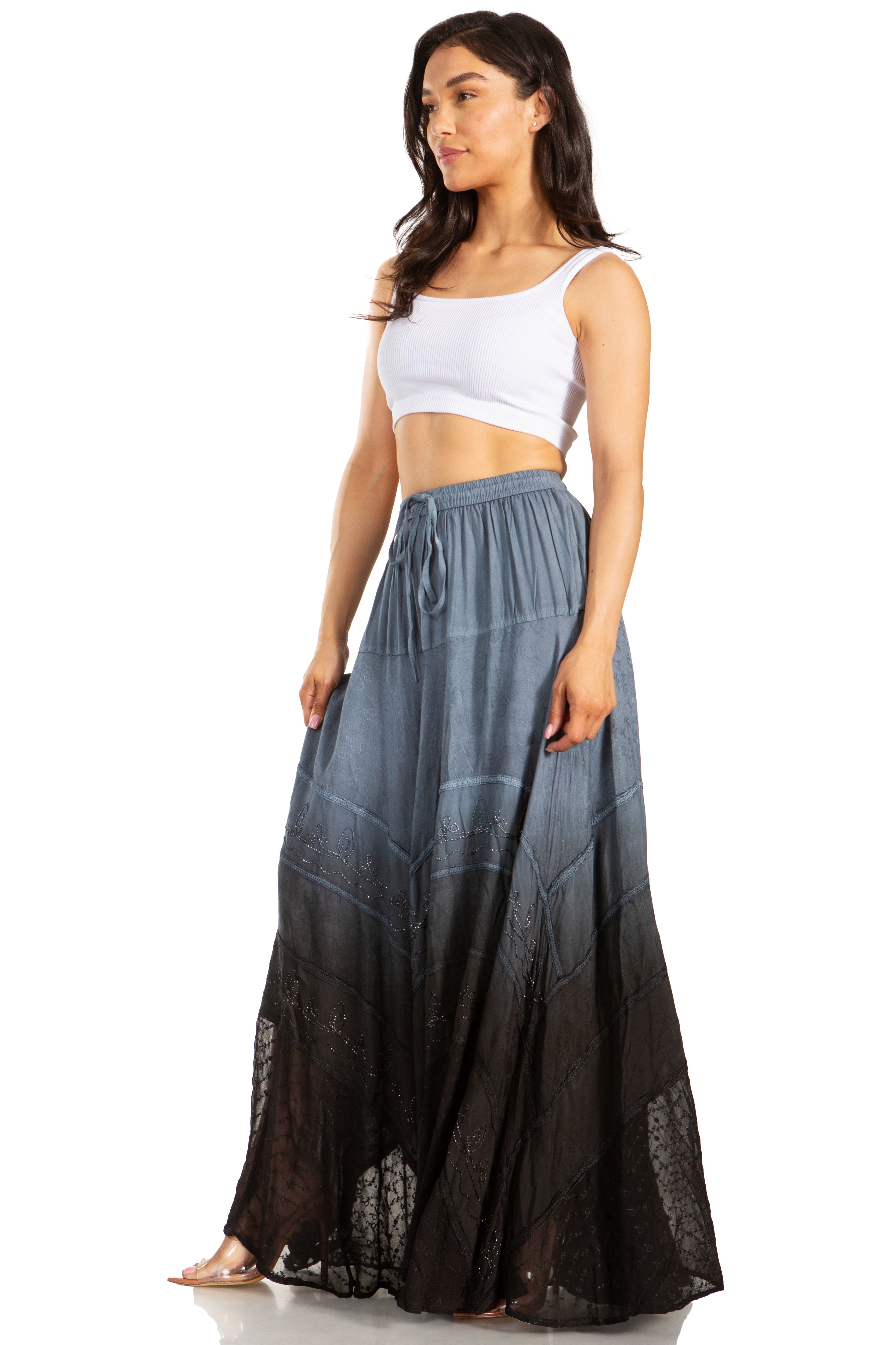 Lyra Bohemian Soft Brocade Rayon Tiered Embroidered Flowy Long Skirt