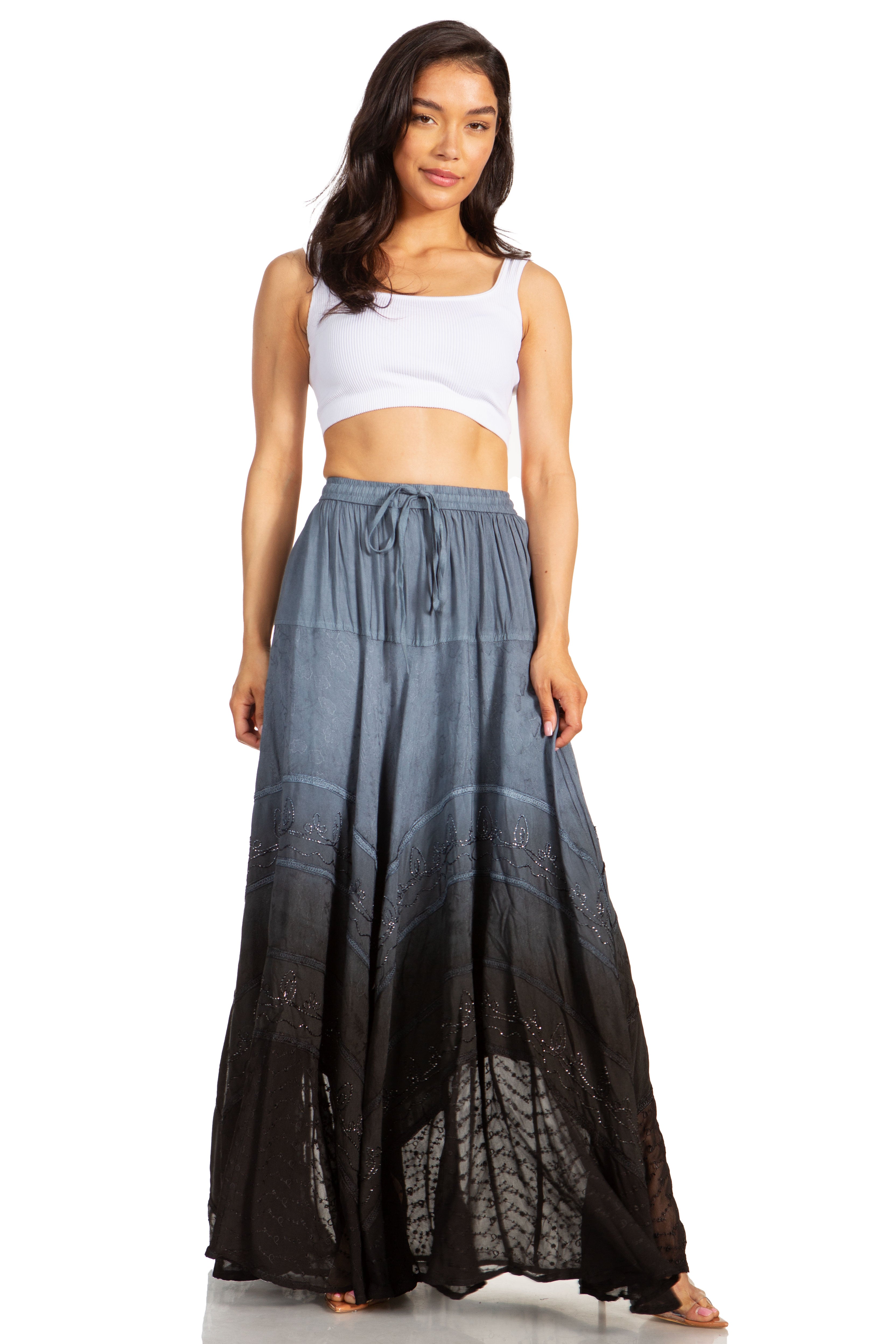 Lyra Bohemian Soft Brocade Rayon Tiered Embroidered Flowy Long Skirt