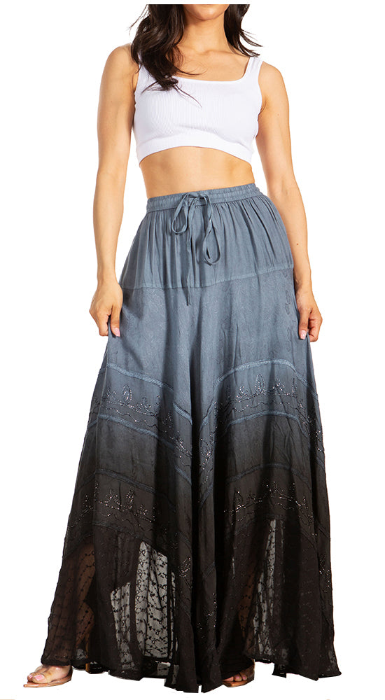 Lyra Bohemian Soft Brocade Rayon Tiered Embroidered Flowy Long Skirt