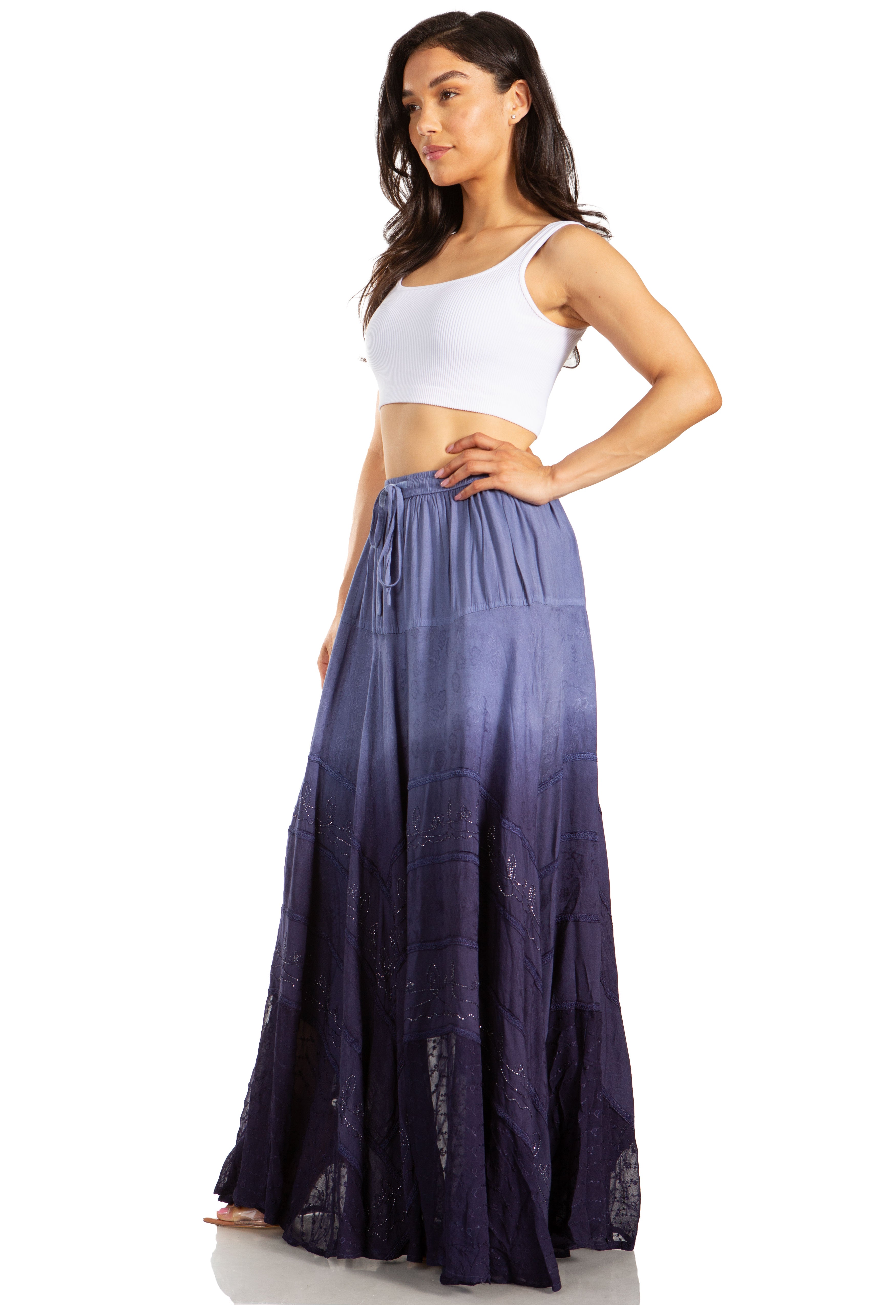 Lyra Bohemian Soft Brocade Rayon Tiered Embroidered Flowy Long Skirt
