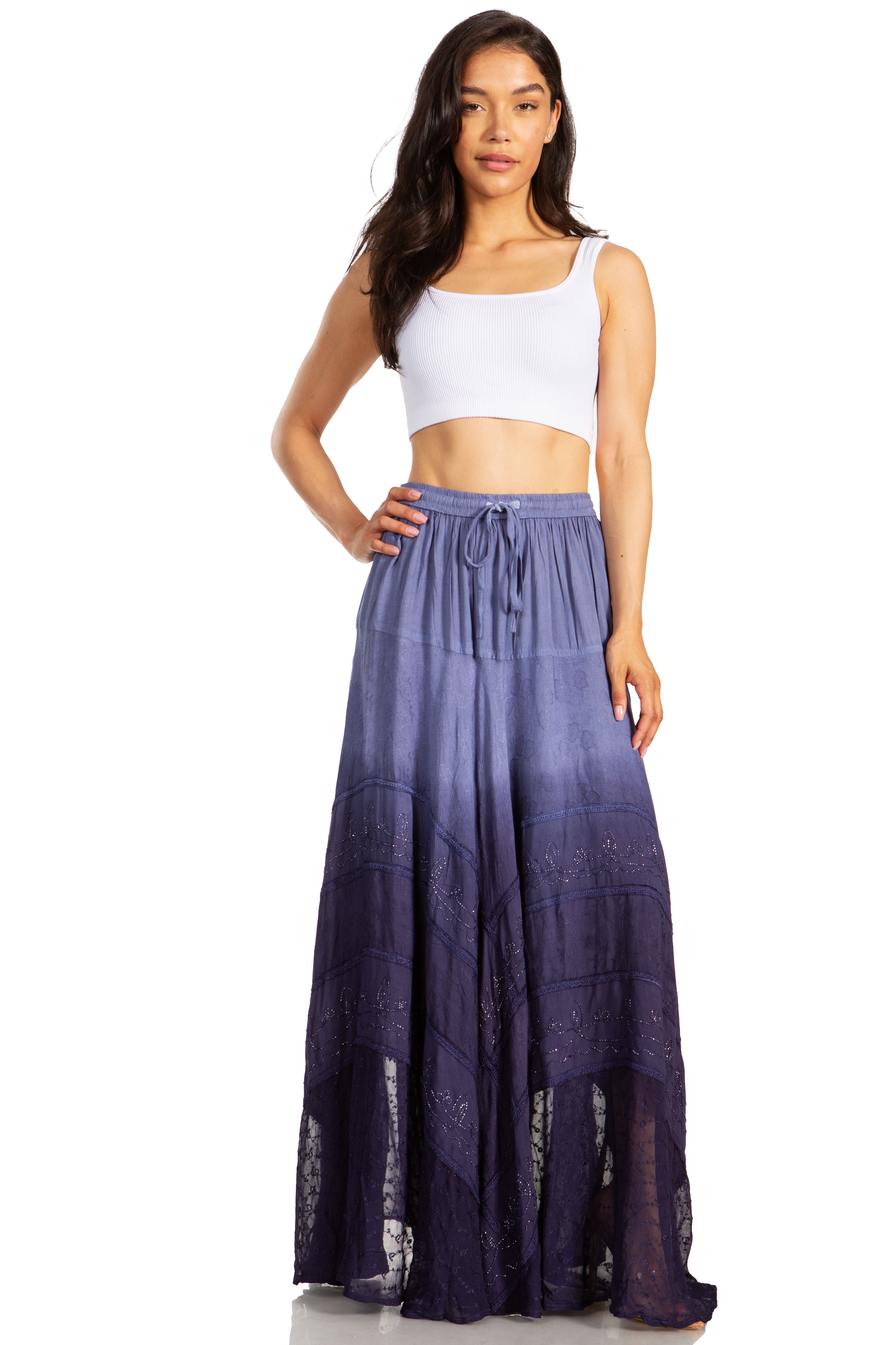 Lyra Bohemian Soft Brocade Rayon Tiered Embroidered Flowy Long Skirt