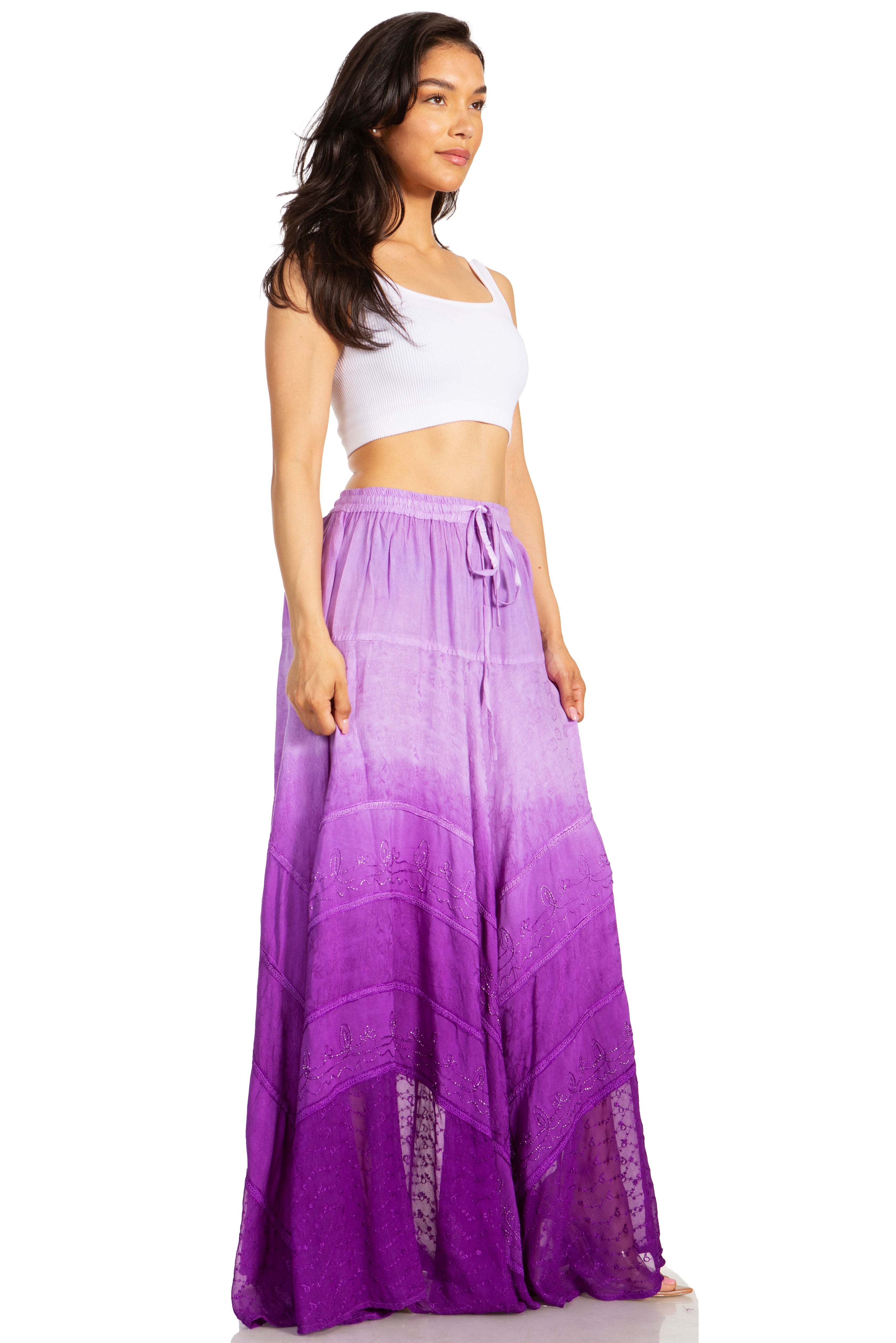 Lyra Bohemian Soft Brocade Rayon Tiered Embroidered Flowy Long Skirt