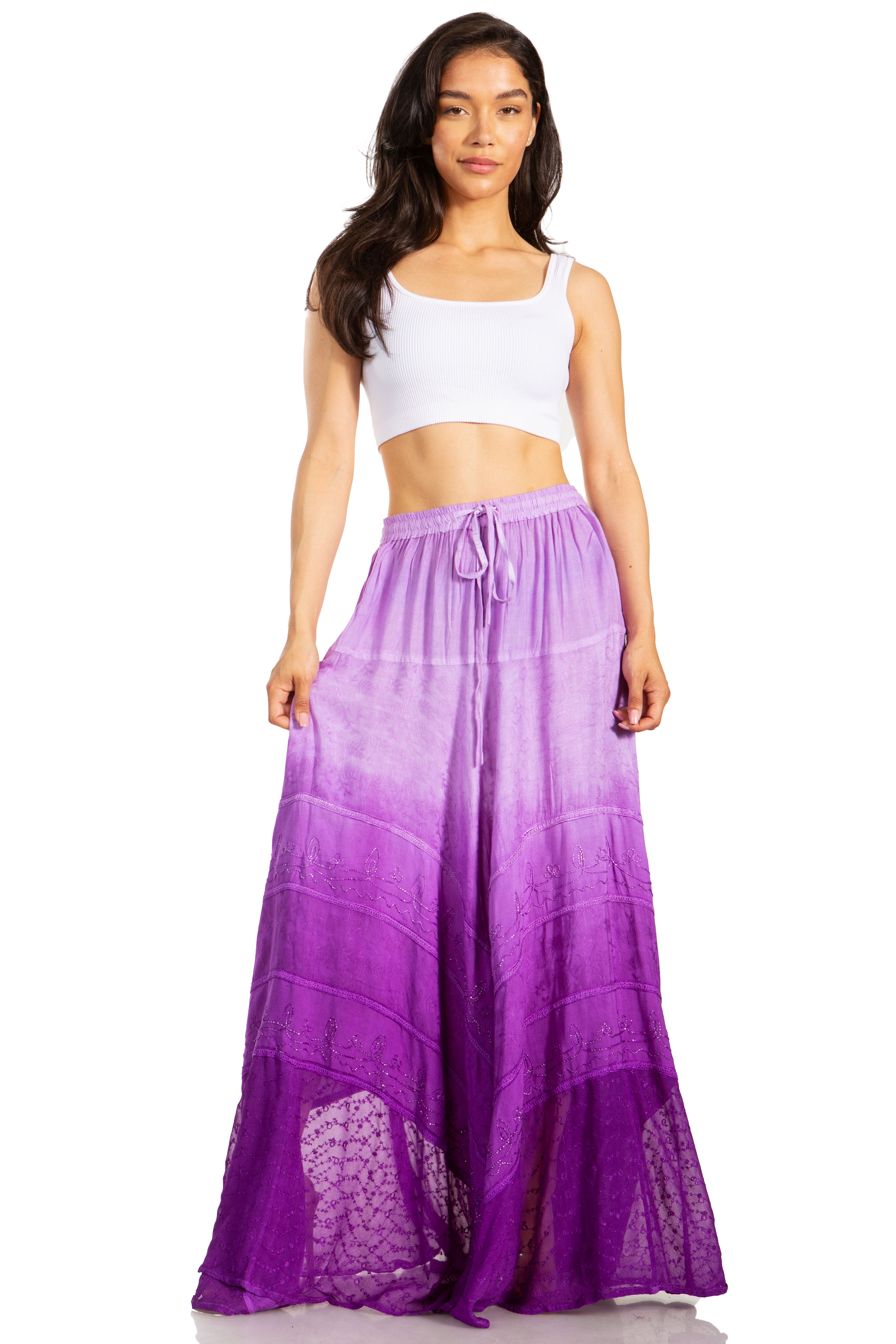 Lyra Bohemian Soft Brocade Rayon Tiered Embroidered Flowy Long Skirt