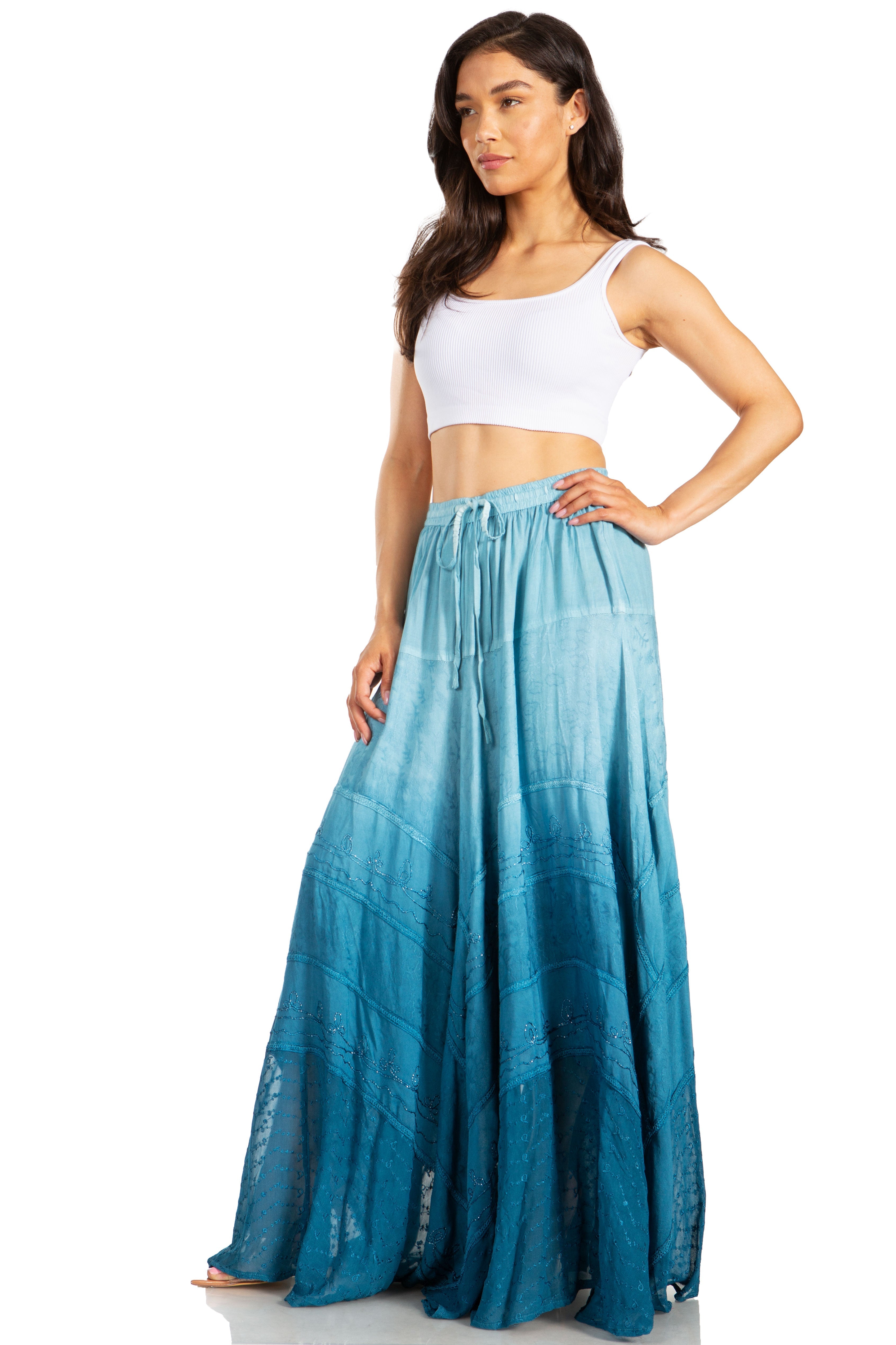 Lyra Bohemian Soft Brocade Rayon Tiered Embroidered Flowy Long Skirt