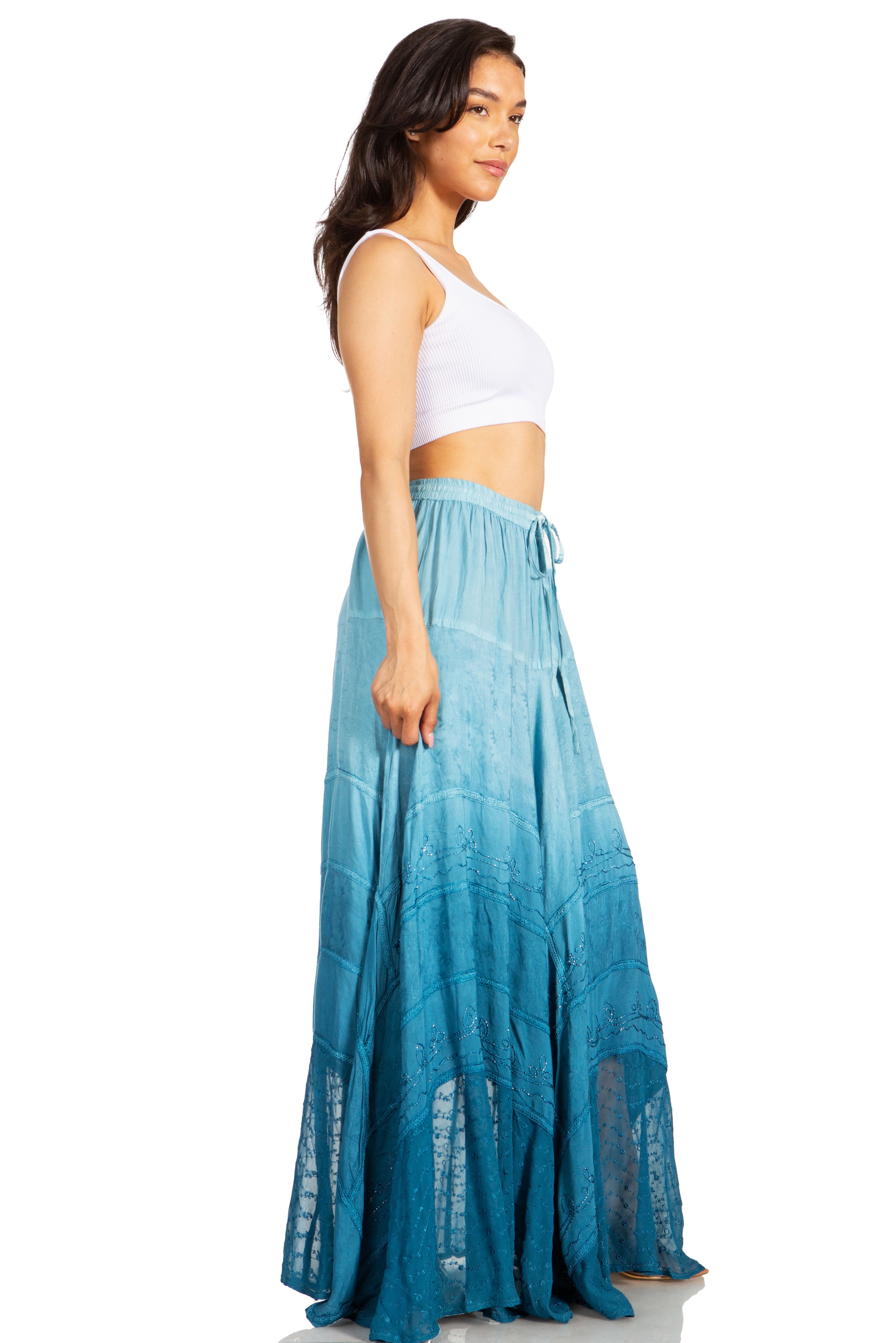 Lyra Bohemian Soft Brocade Rayon Tiered Embroidered Flowy Long Skirt