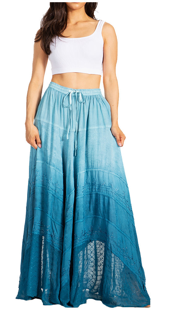 Lyra Bohemian Soft Brocade Rayon Tiered Embroidered Flowy Long Skirt
