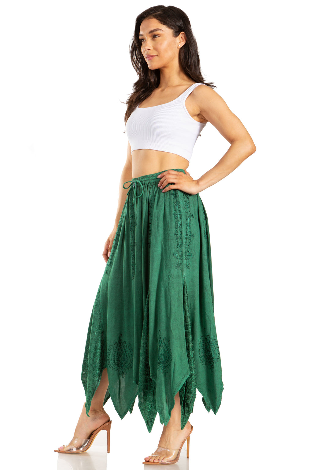 Emery Vintage Maxi Rayon Embroidered Zigzag Hem Flowy Skirt