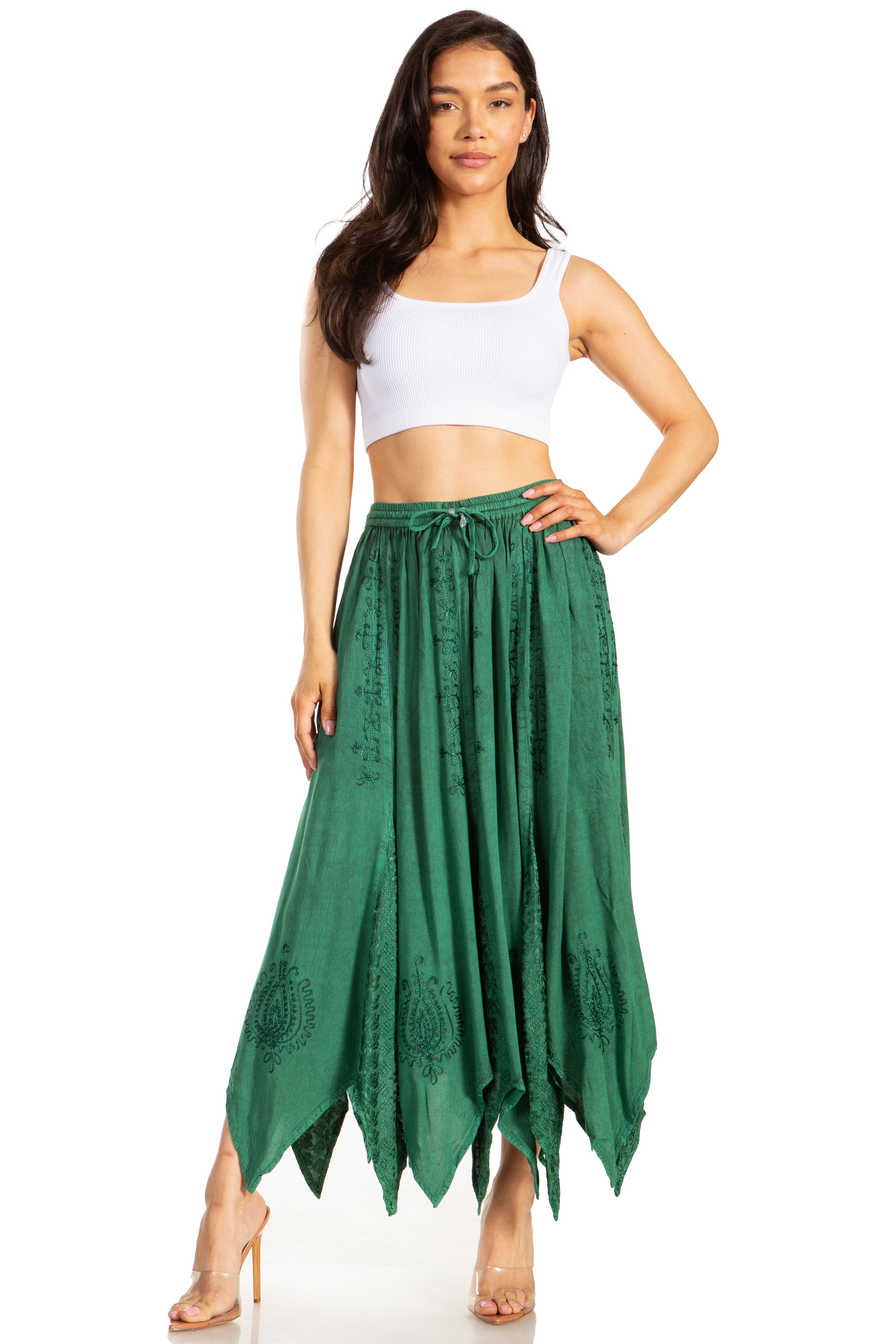 Emery Vintage Maxi Rayon Embroidered Zigzag Hem Flowy Skirt