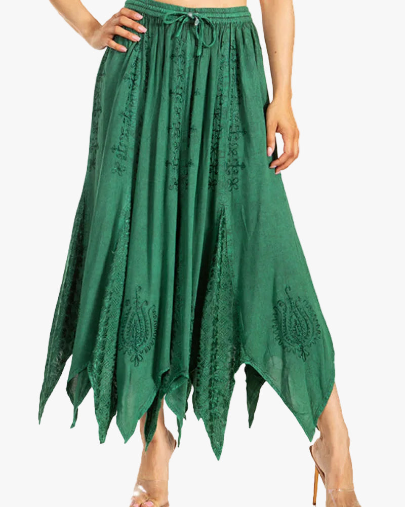 Emery Vintage Maxi Rayon Embroidered Zigzag Hem Flowy Skirt