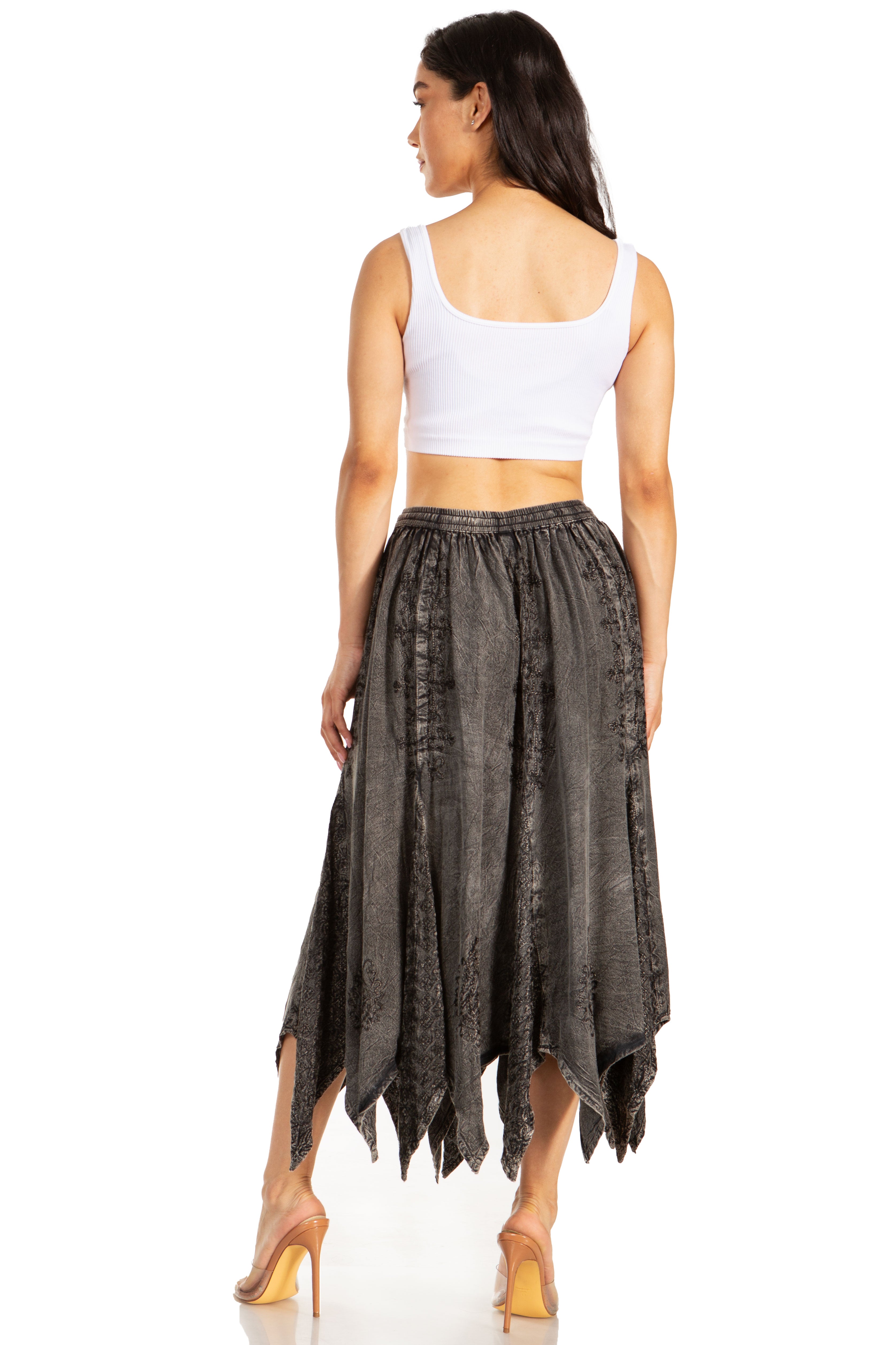 Emery Vintage Maxi Rayon Embroidered Zigzag Hem Flowy Skirt