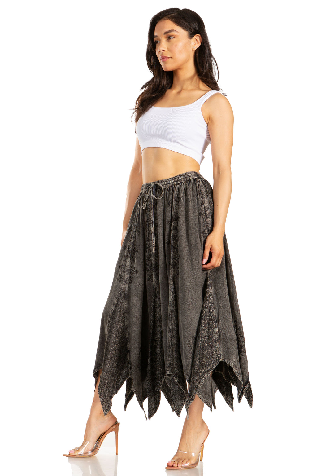 Emery Vintage Maxi Rayon Embroidered Zigzag Hem Flowy Skirt
