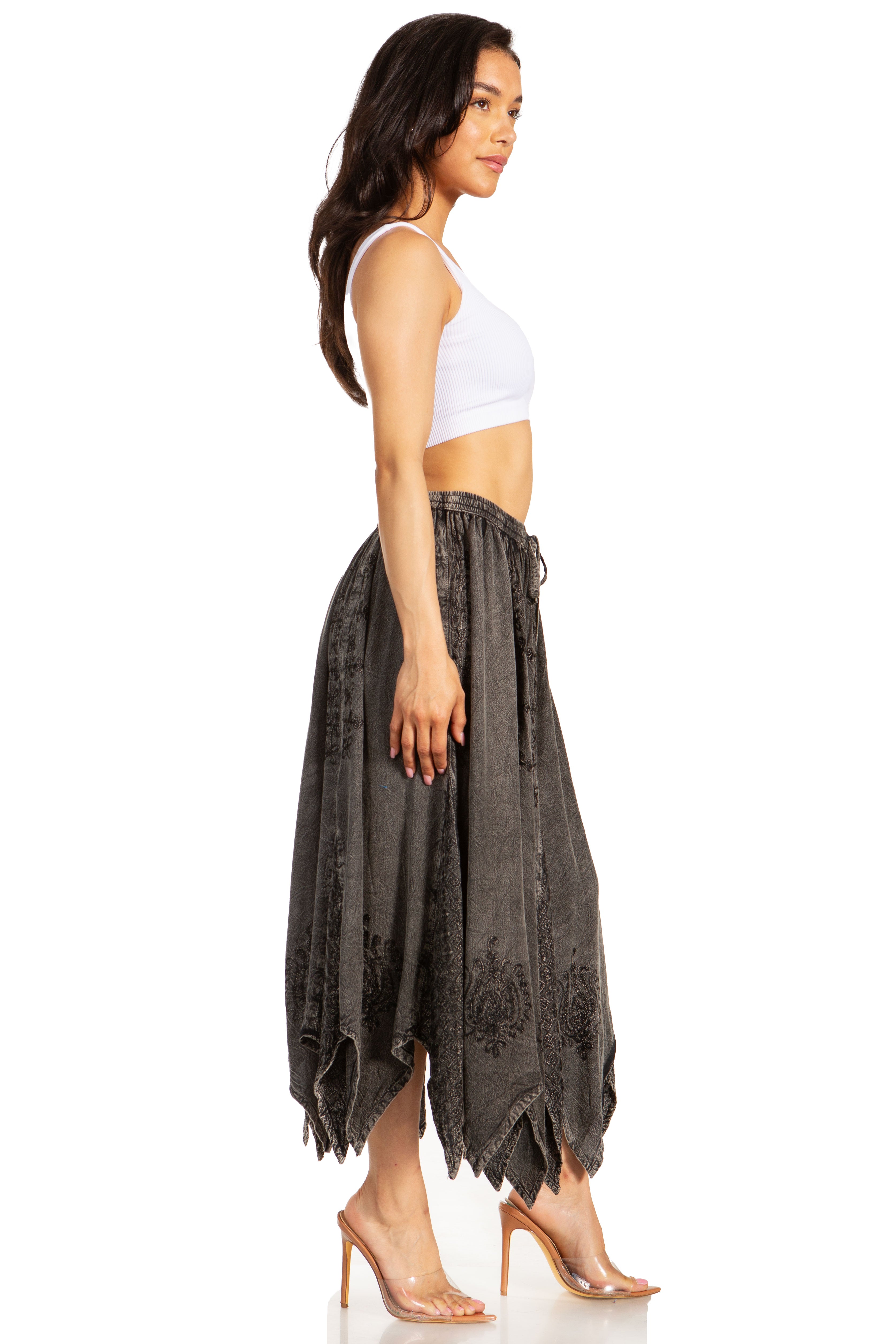 Emery Vintage Maxi Rayon Embroidered Zigzag Hem Flowy Skirt