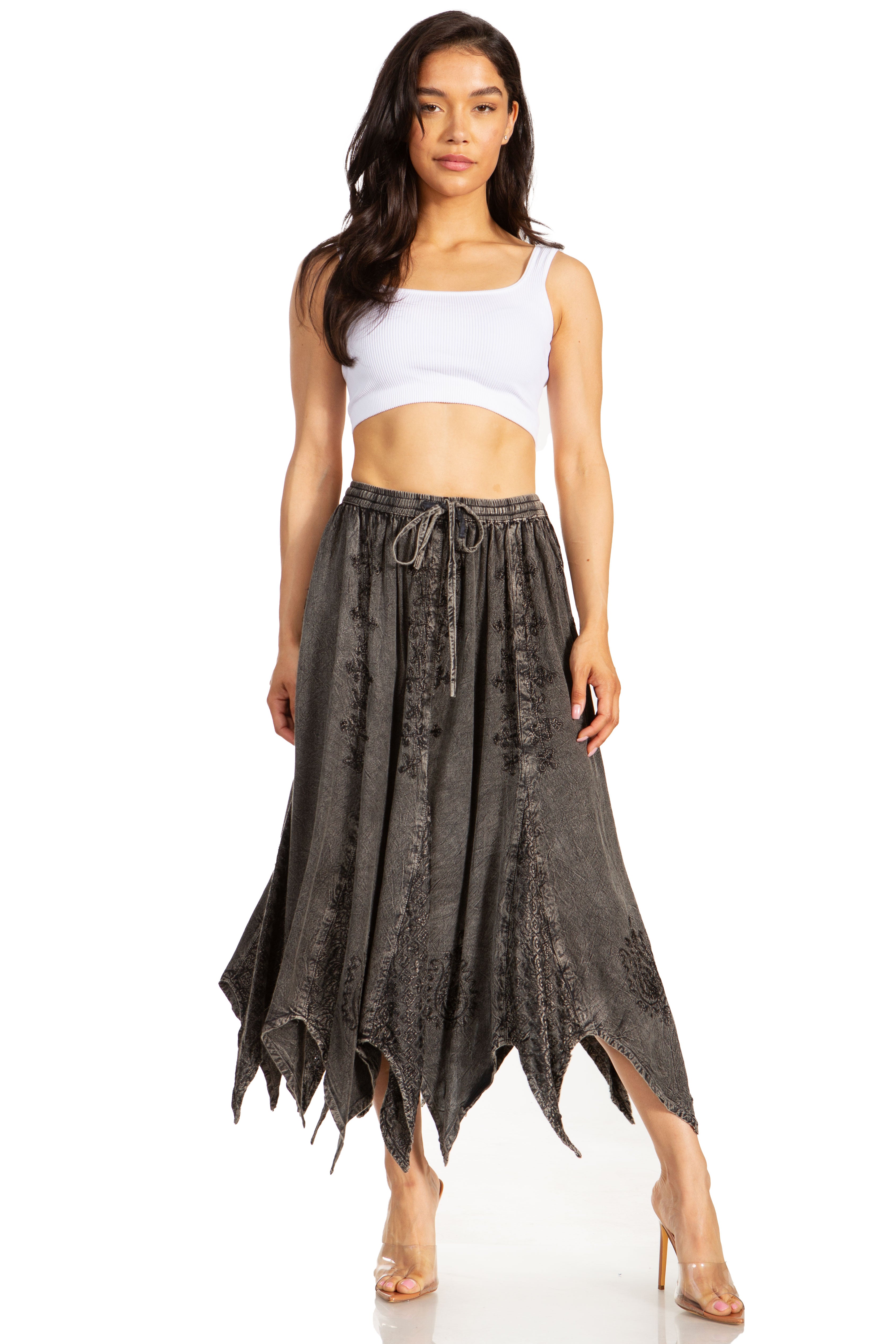 Emery Vintage Maxi Rayon Embroidered Zigzag Hem Flowy Skirt