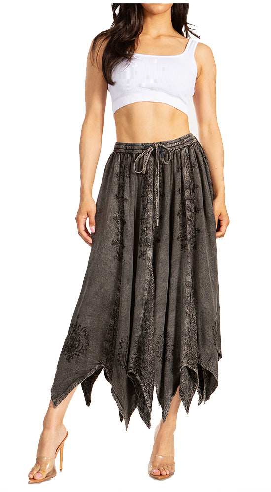 Emery Vintage Maxi Rayon Embroidered Zigzag Hem Flowy Skirt