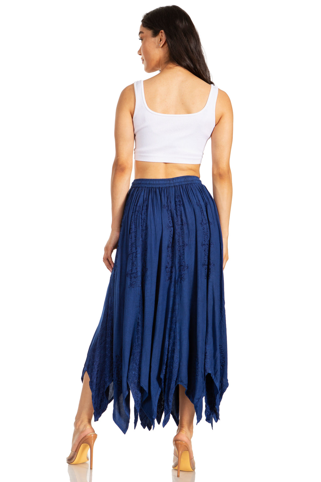 Emery Vintage Maxi Rayon Embroidered Zigzag Hem Flowy Skirt