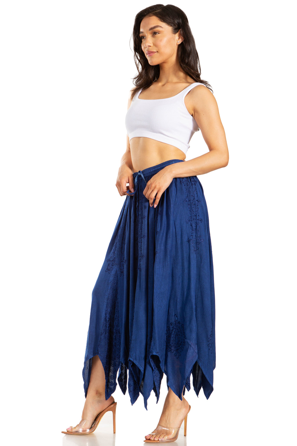 Emery Vintage Maxi Rayon Embroidered Zigzag Hem Flowy Skirt