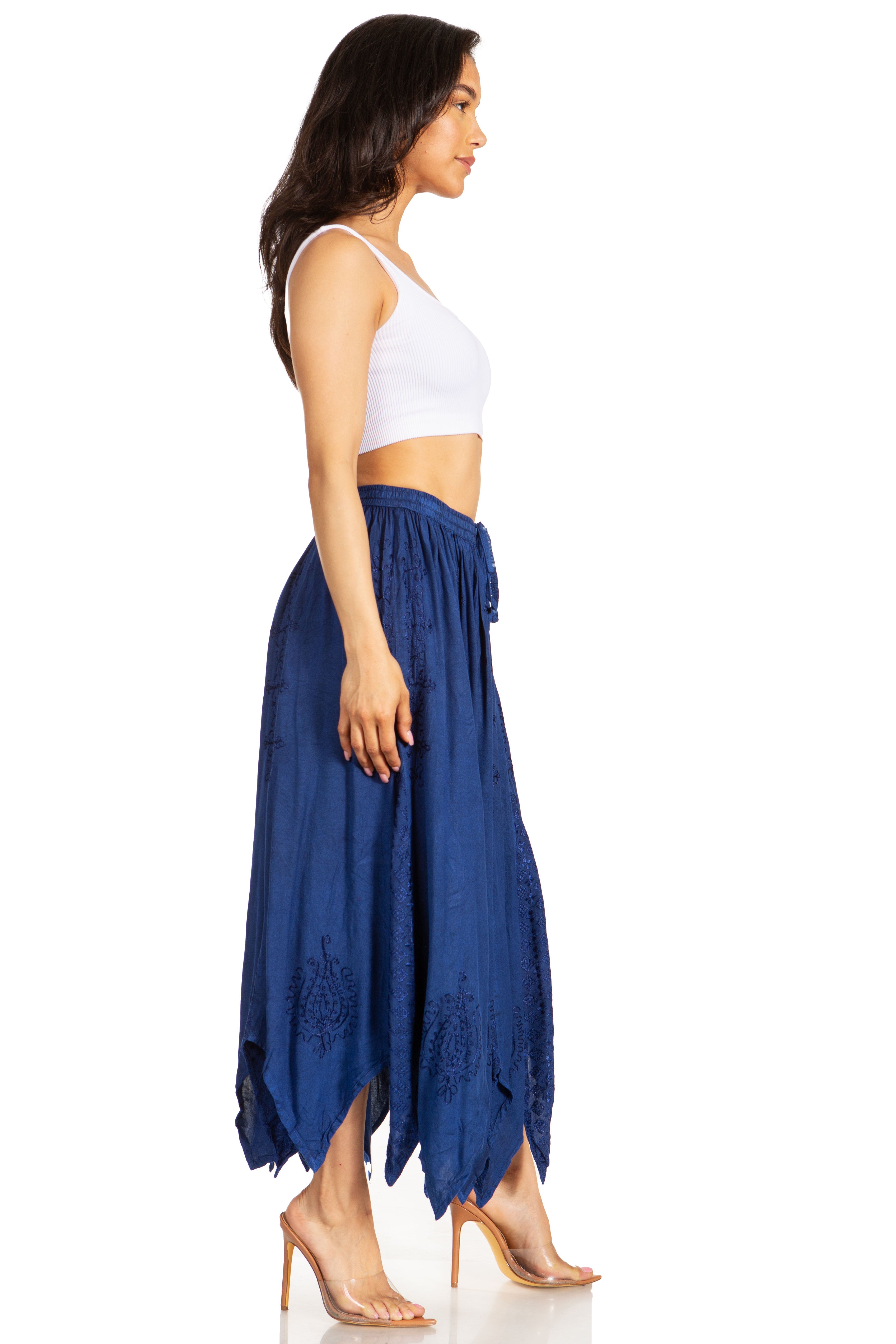 Emery Vintage Maxi Rayon Embroidered Zigzag Hem Flowy Skirt