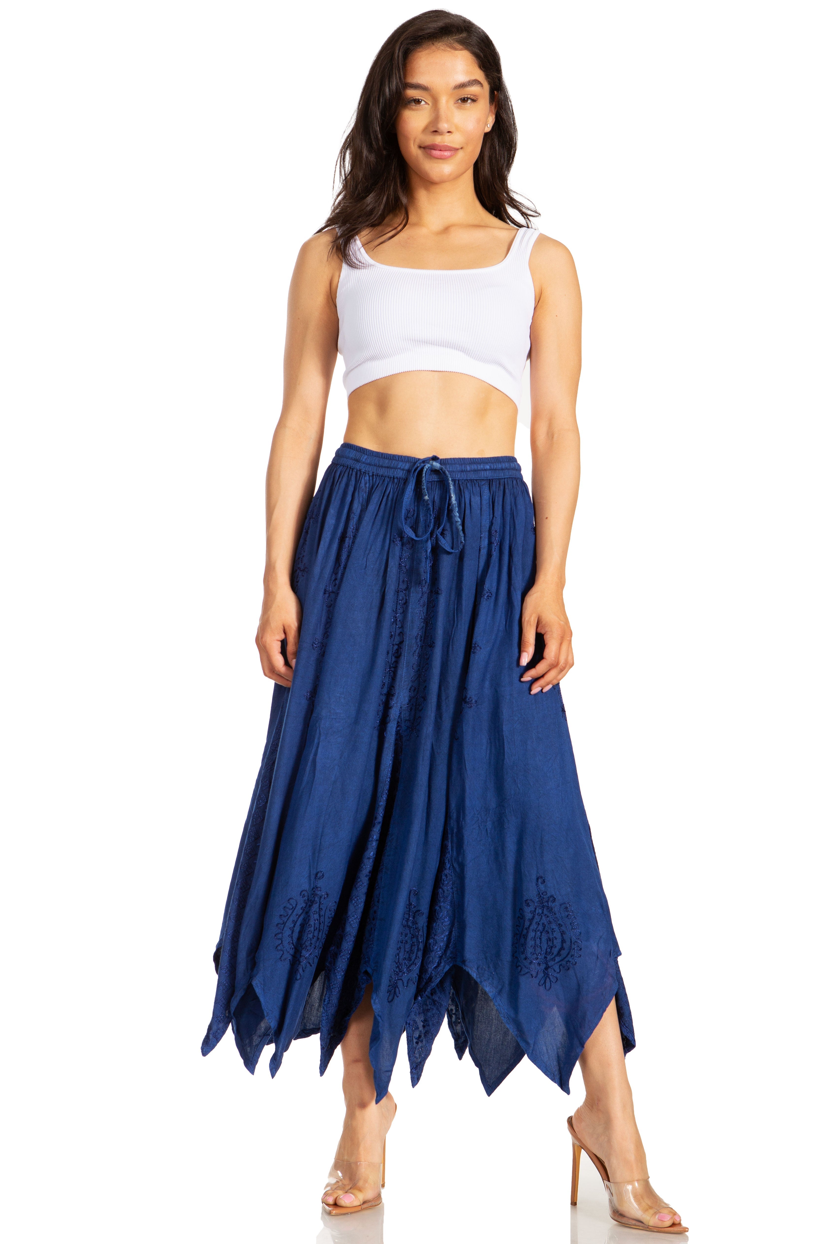 Emery Vintage Maxi Rayon Embroidered Zigzag Hem Flowy Skirt