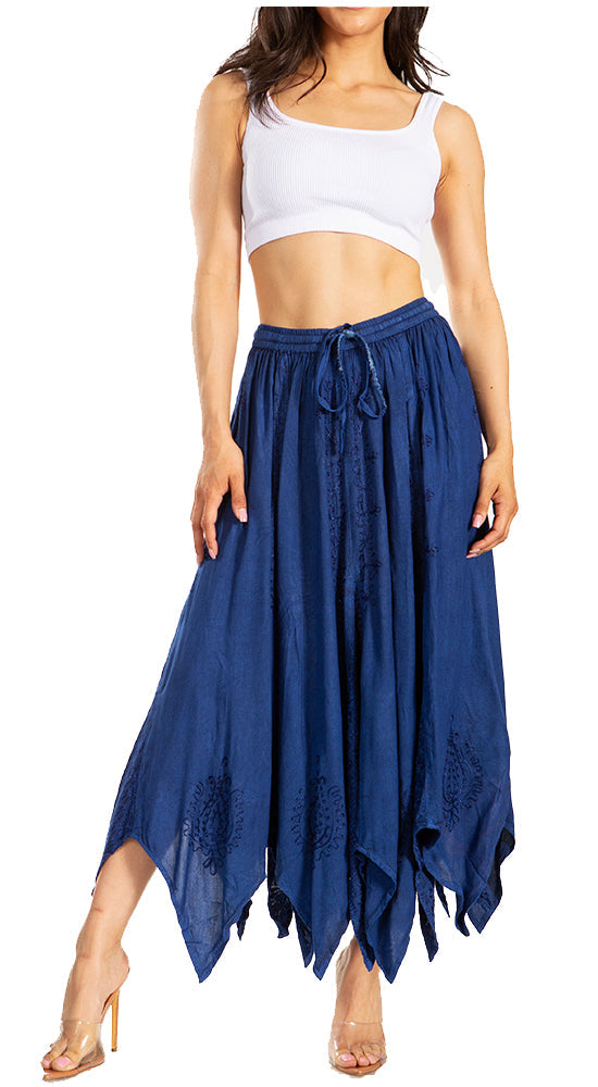 Emery Vintage Maxi Rayon Embroidered Zigzag Hem Flowy Skirt