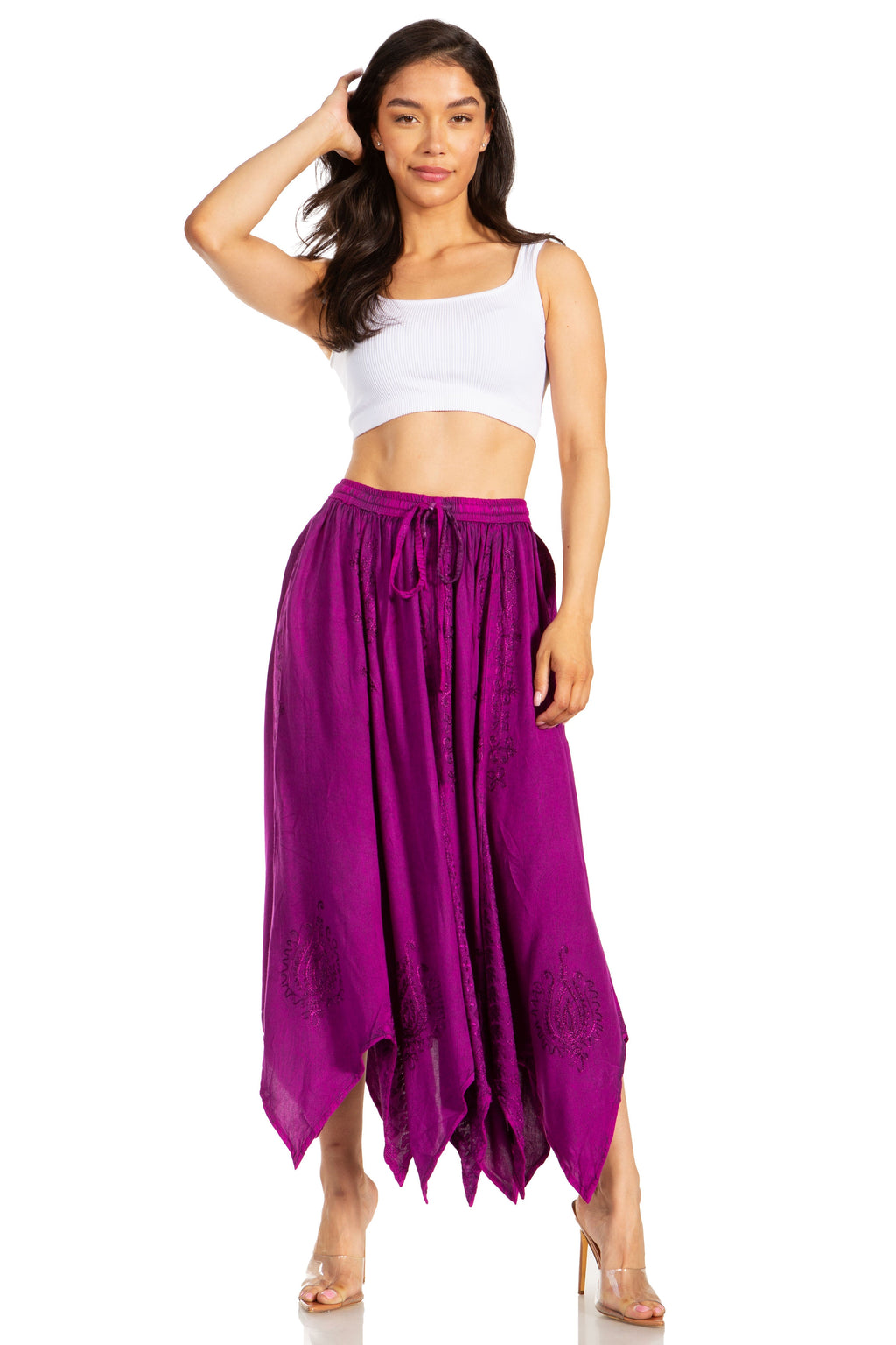 Emery Vintage Maxi Rayon Embroidered Zigzag Hem Flowy Skirt