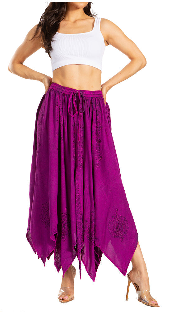 Emery Vintage Maxi Rayon Embroidered Zigzag Hem Flowy Skirt