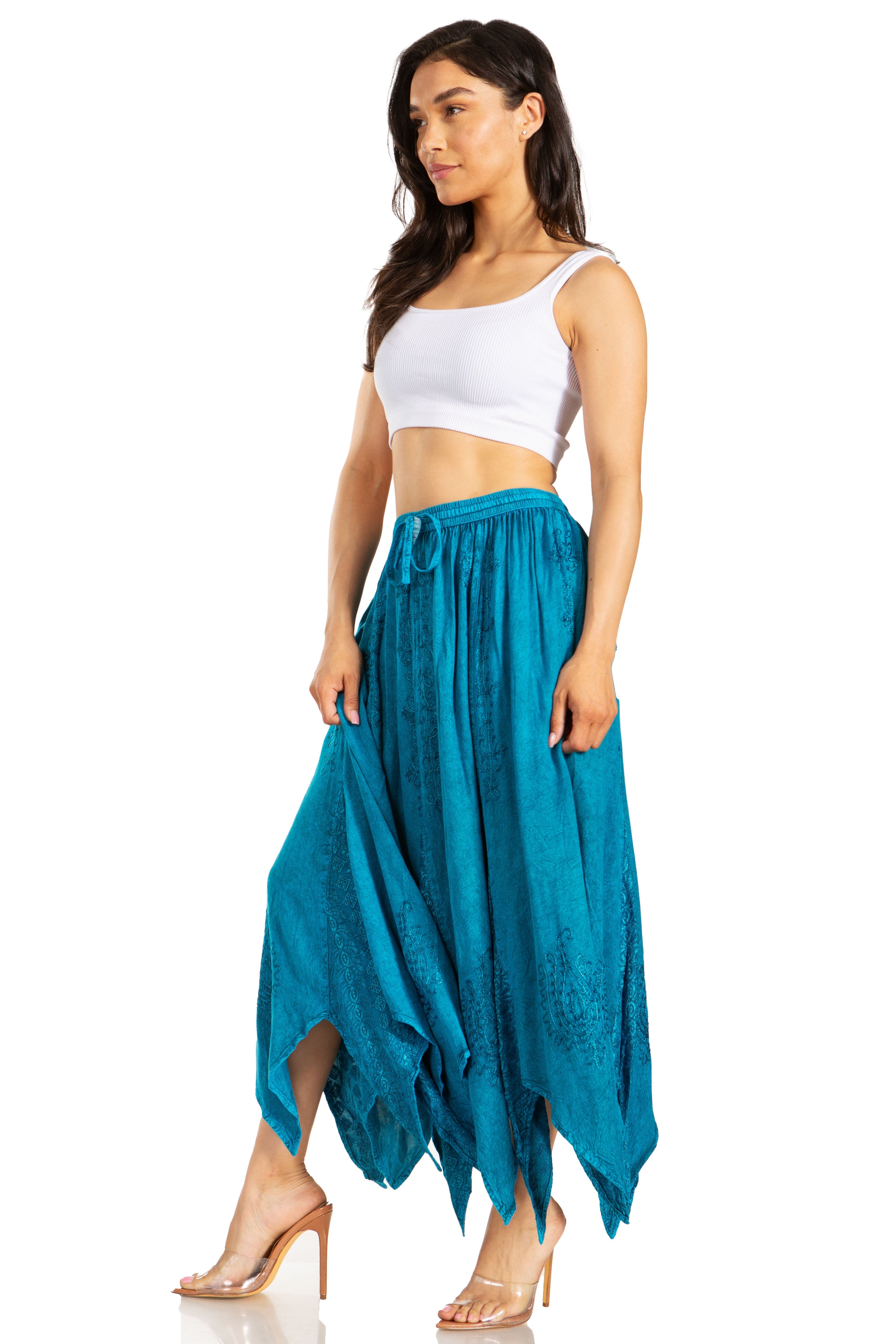 Emery Vintage Maxi Rayon Embroidered Zigzag Hem Flowy Skirt