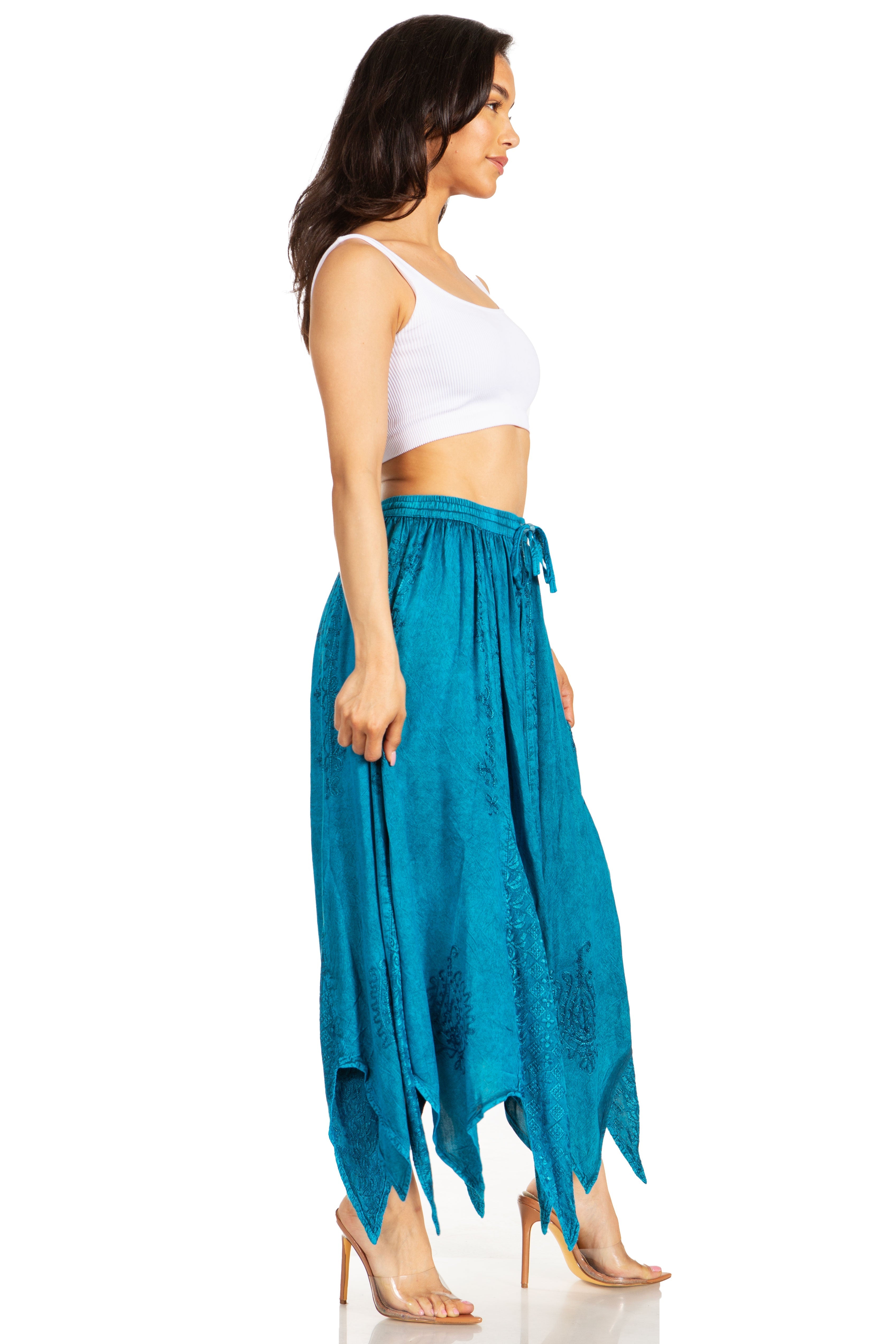 Emery Vintage Maxi Rayon Embroidered Zigzag Hem Flowy Skirt