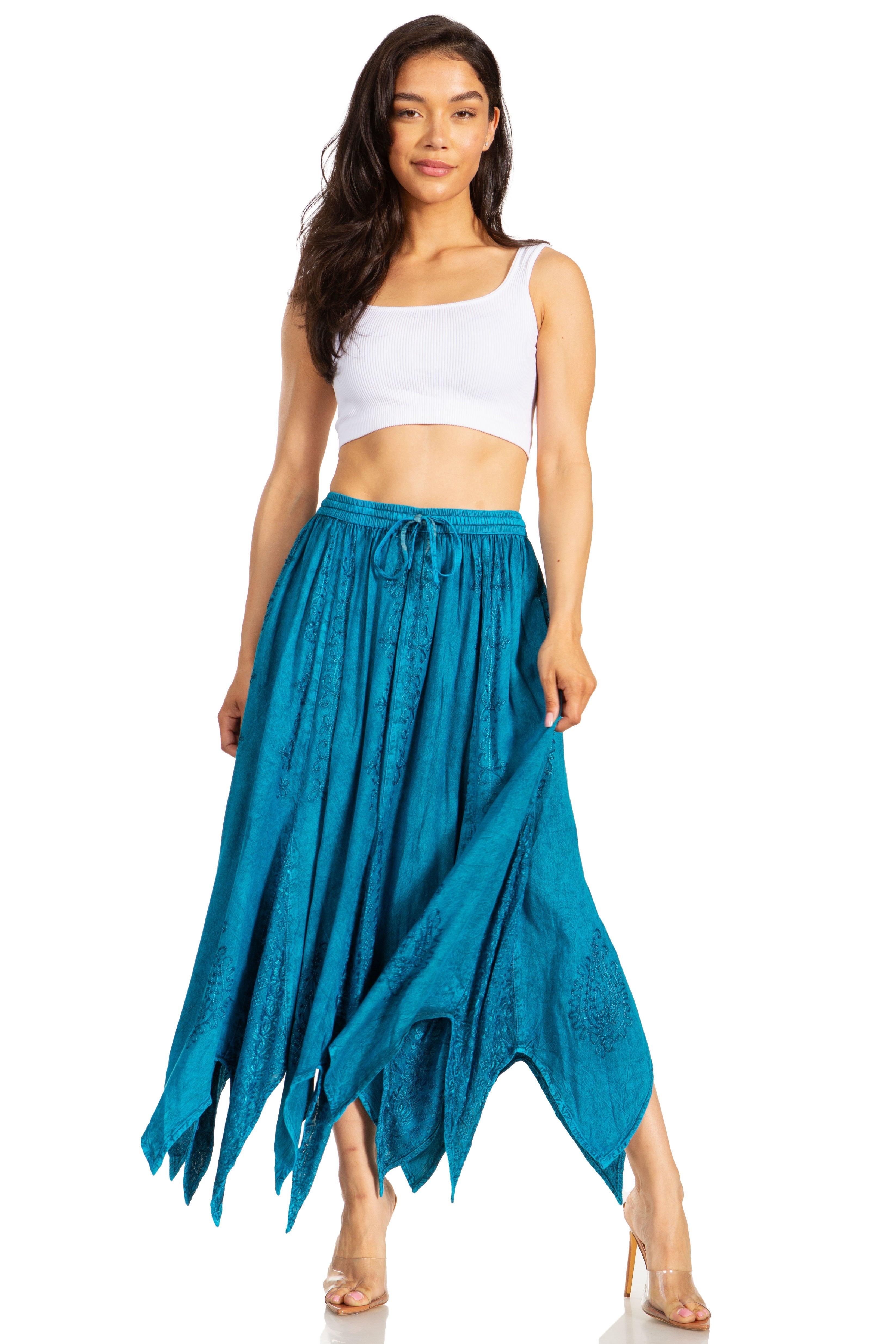 Emery Vintage Maxi Rayon Embroidered Zigzag Hem Flowy Skirt