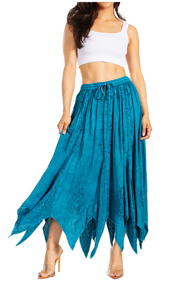 Emery Vintage Maxi Rayon Embroidered Zigzag Hem Flowy Skirt