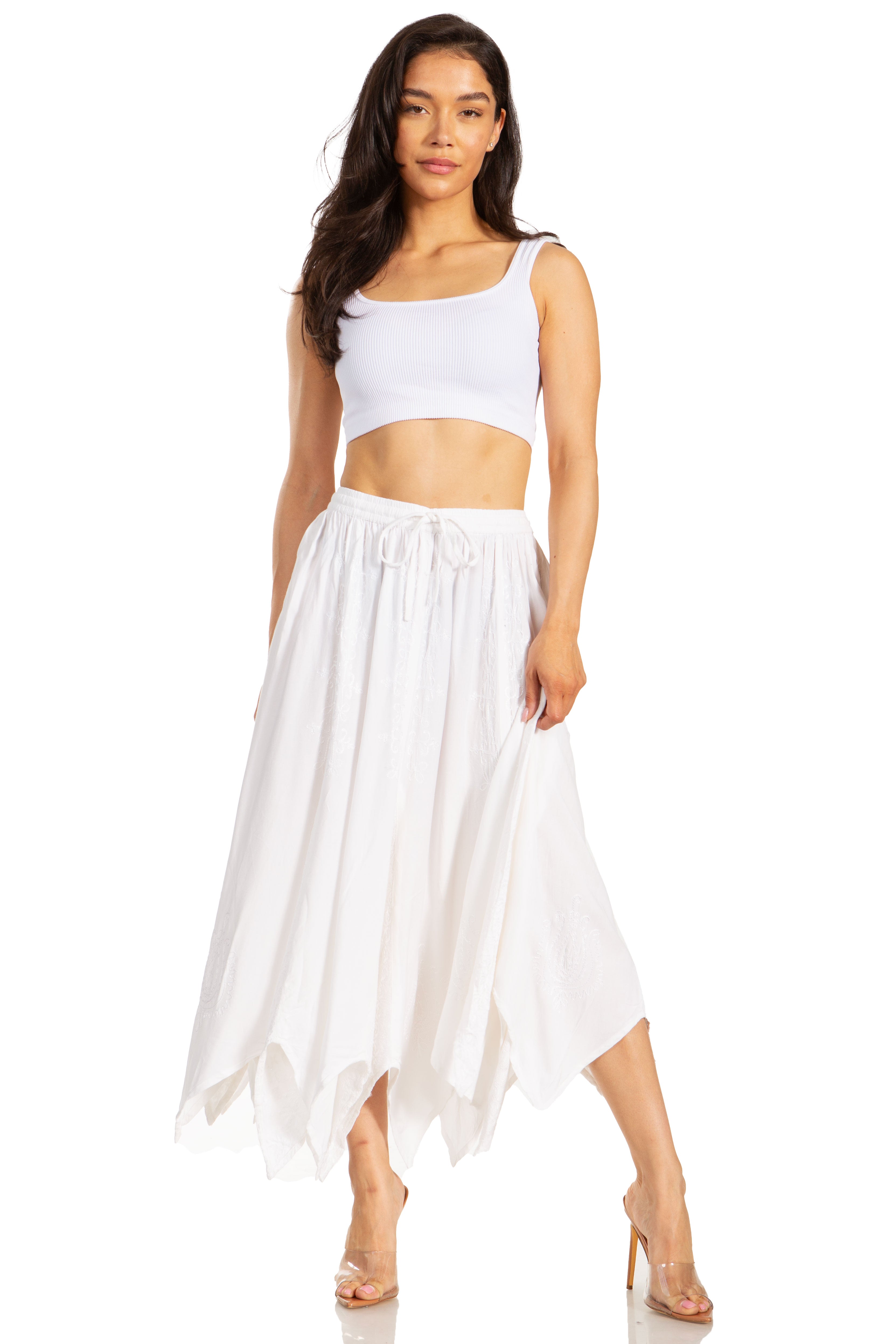 Emery Vintage Maxi Rayon Embroidered Zigzag Hem Flowy Skirt