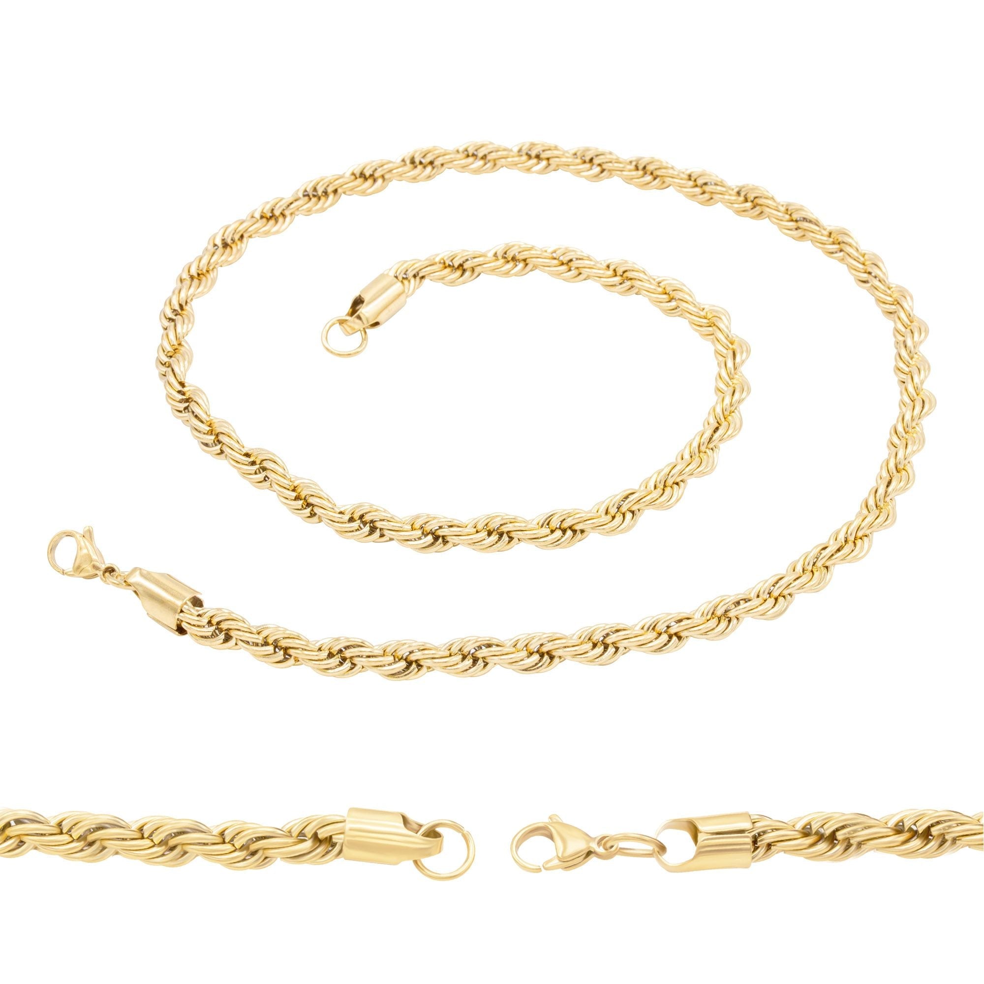 14K Gold Plated Rope Chain Twisted Link Necklace 18"-30" Length | W 2-7 mm