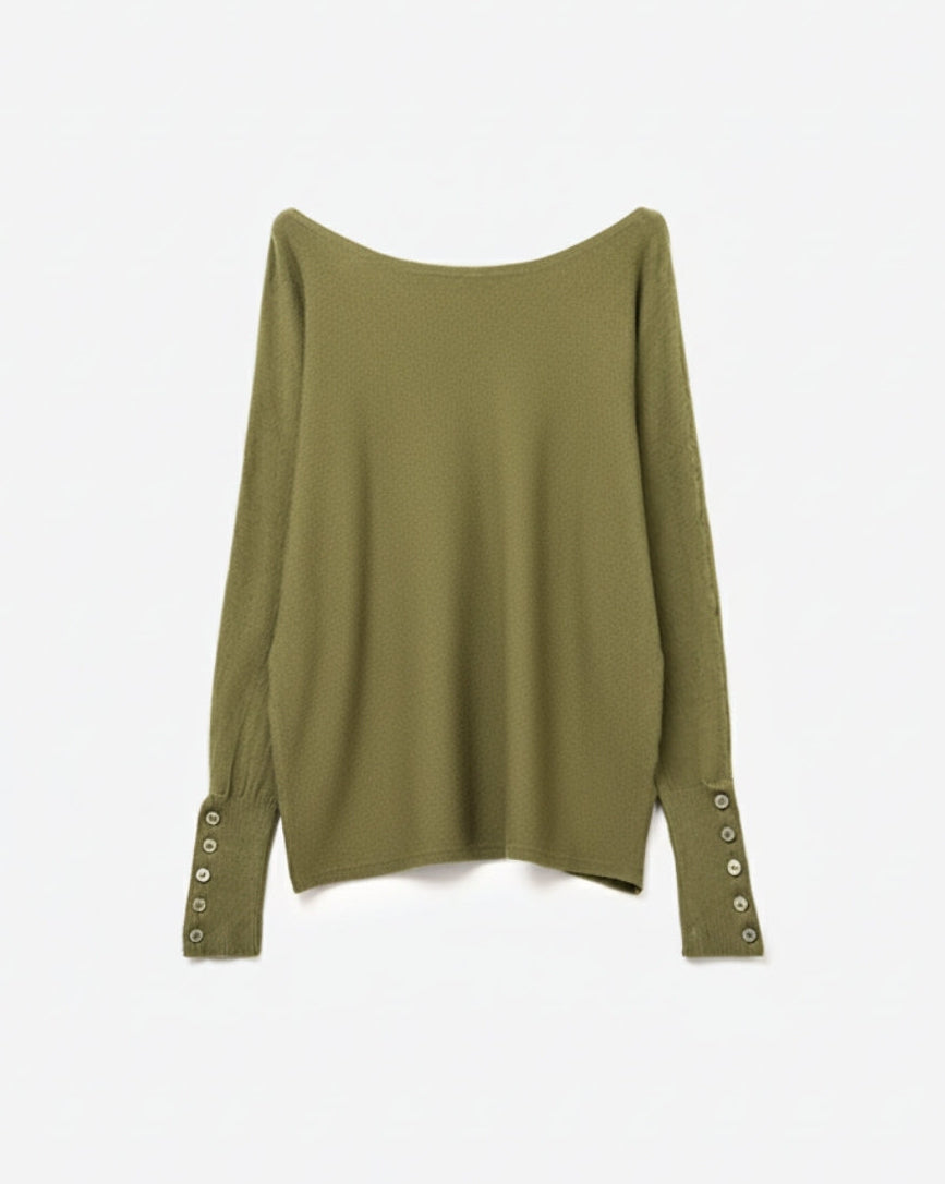 Soft Knit Olive Green Sweater with Sleeve Button Details