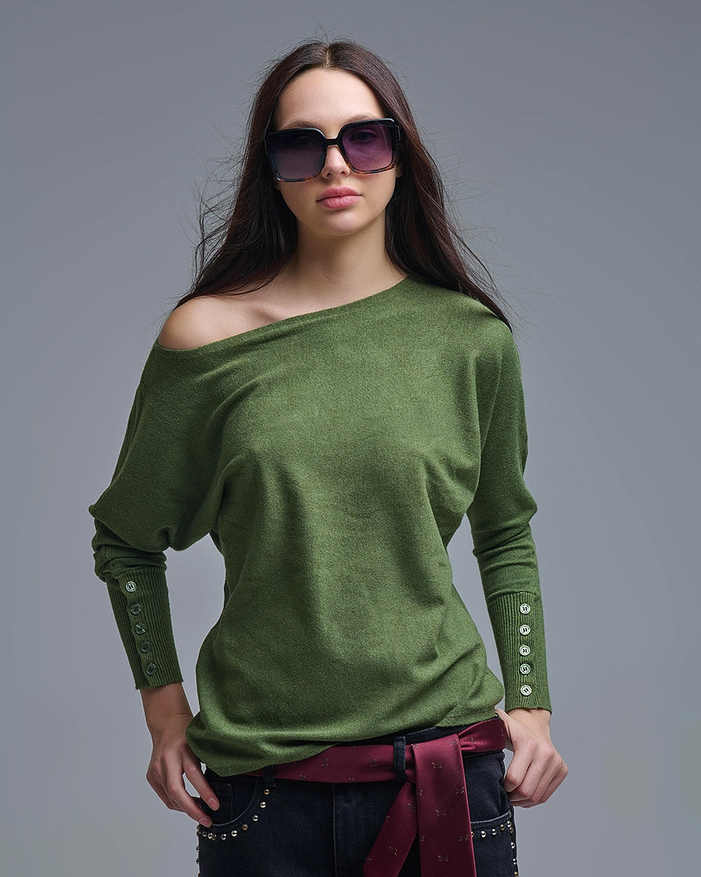 Soft Knit Olive Green Sweater with Sleeve Button Details