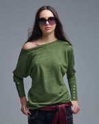 Soft Knit Olive Green Sweater with Sleeve Button Details
