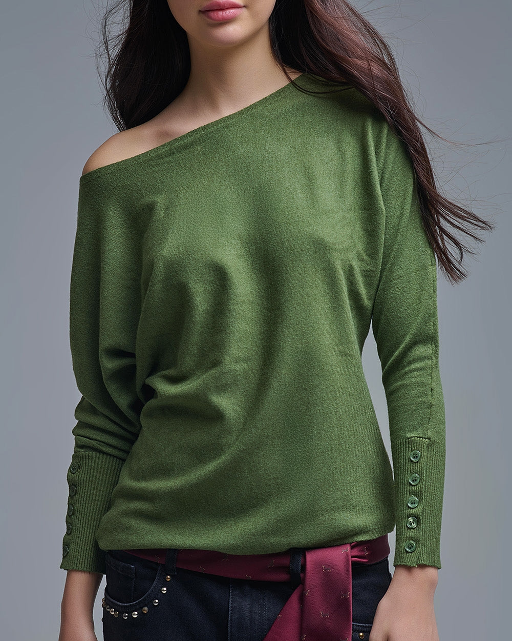 Soft Knit Olive Green Sweater with Sleeve Button Details