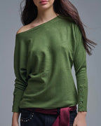 Soft Knit Olive Green Sweater with Sleeve Button Details